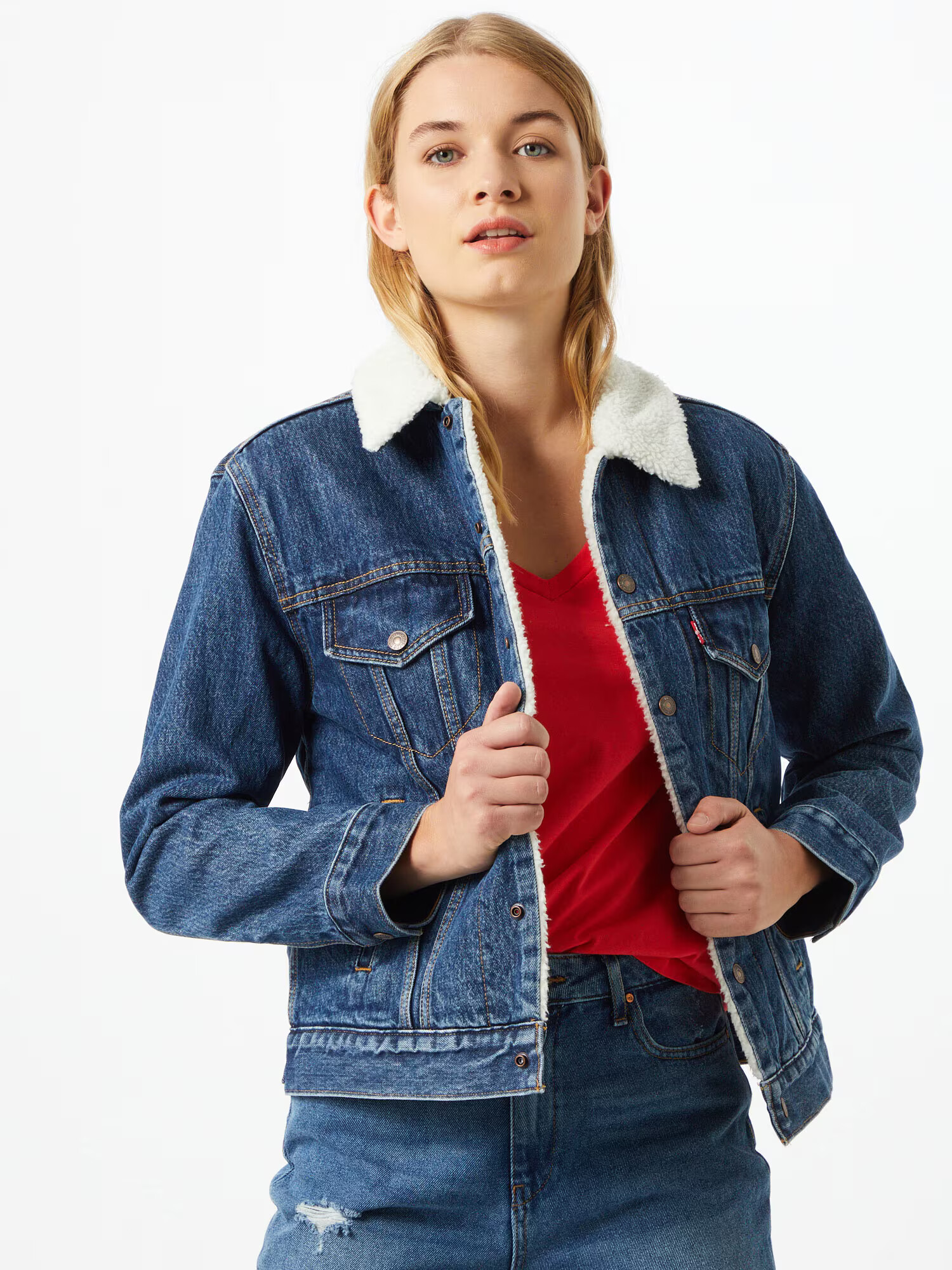 LEVI'S ® Geacă de primăvară-toamnă 'EX-BF SHERPA TRUCKER MED INDIGO - FLAT FINISH' albastru / alb - Pled.ro