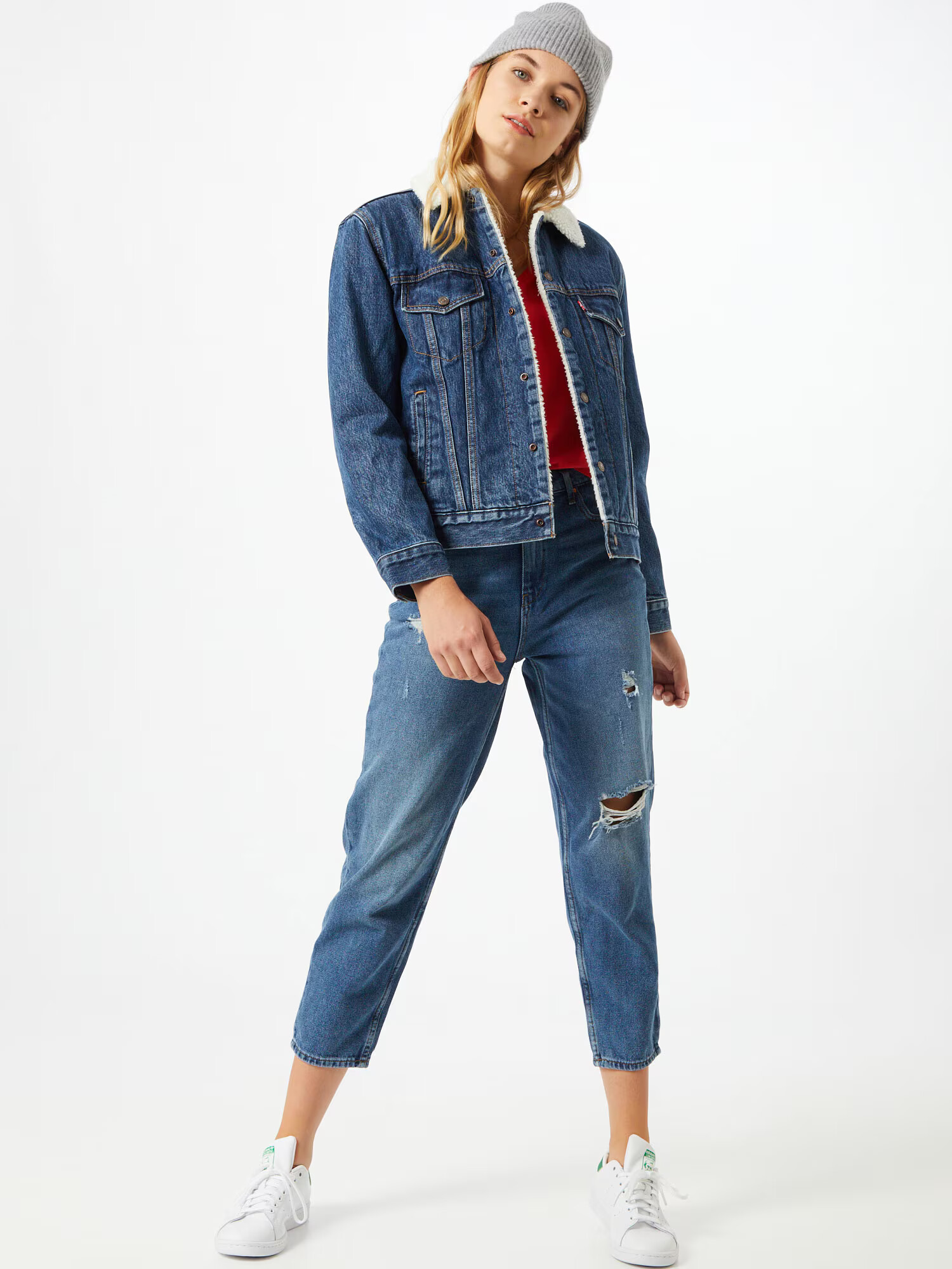 LEVI'S ® Geacă de primăvară-toamnă 'EX-BF SHERPA TRUCKER MED INDIGO - FLAT FINISH' albastru / alb - Pled.ro