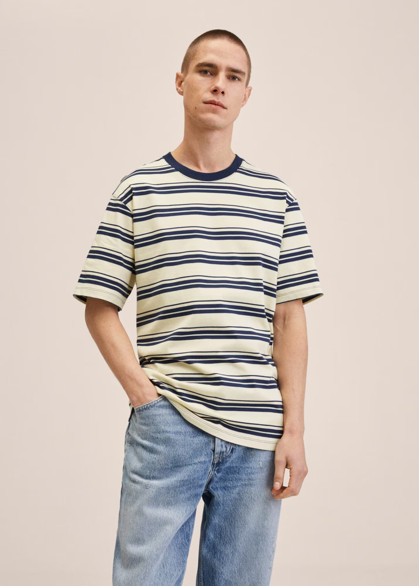 MANGO MAN Tricou 'Riano' crem / bleumarin - Pled.ro