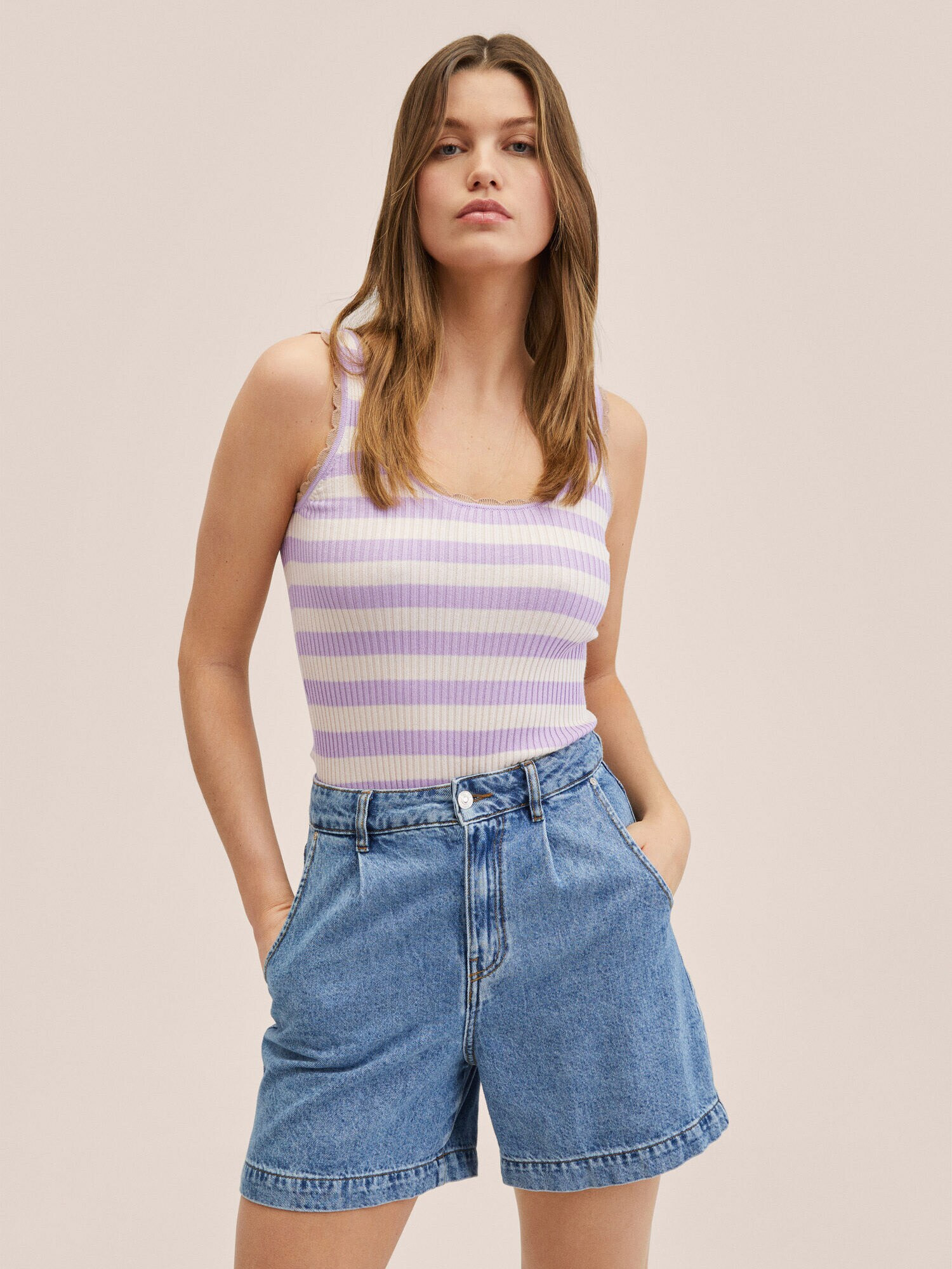 MANGO Top brodat nisipiu / mauve / mov deschis - Pled.ro