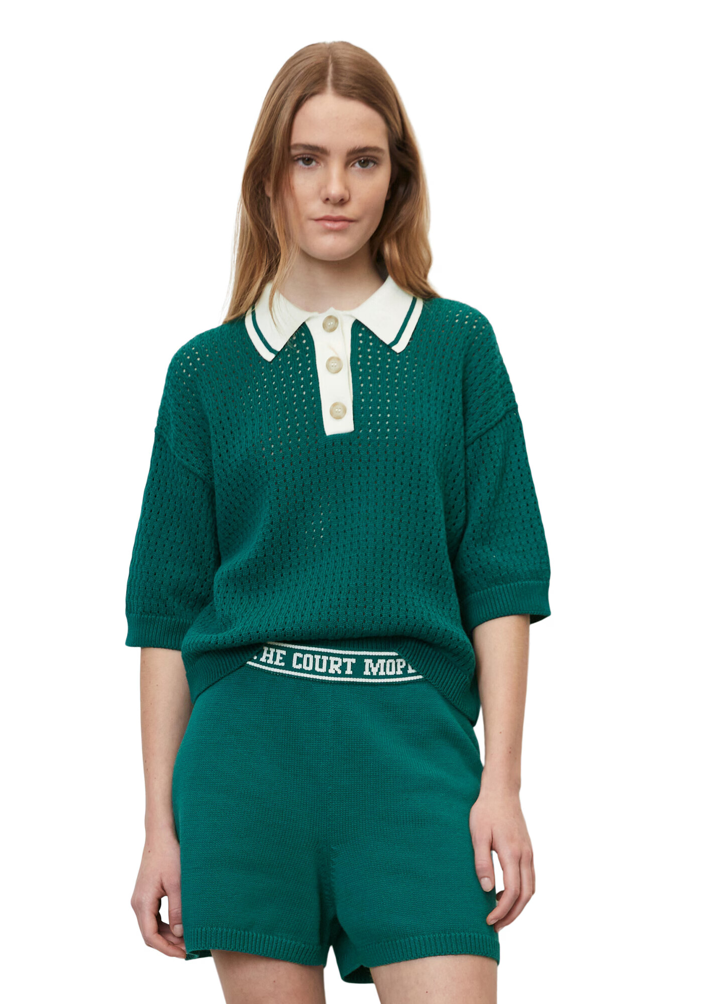 Marc O'Polo DENIM Pulover 'Ajour' verde smarald / alb natural - Pled.ro