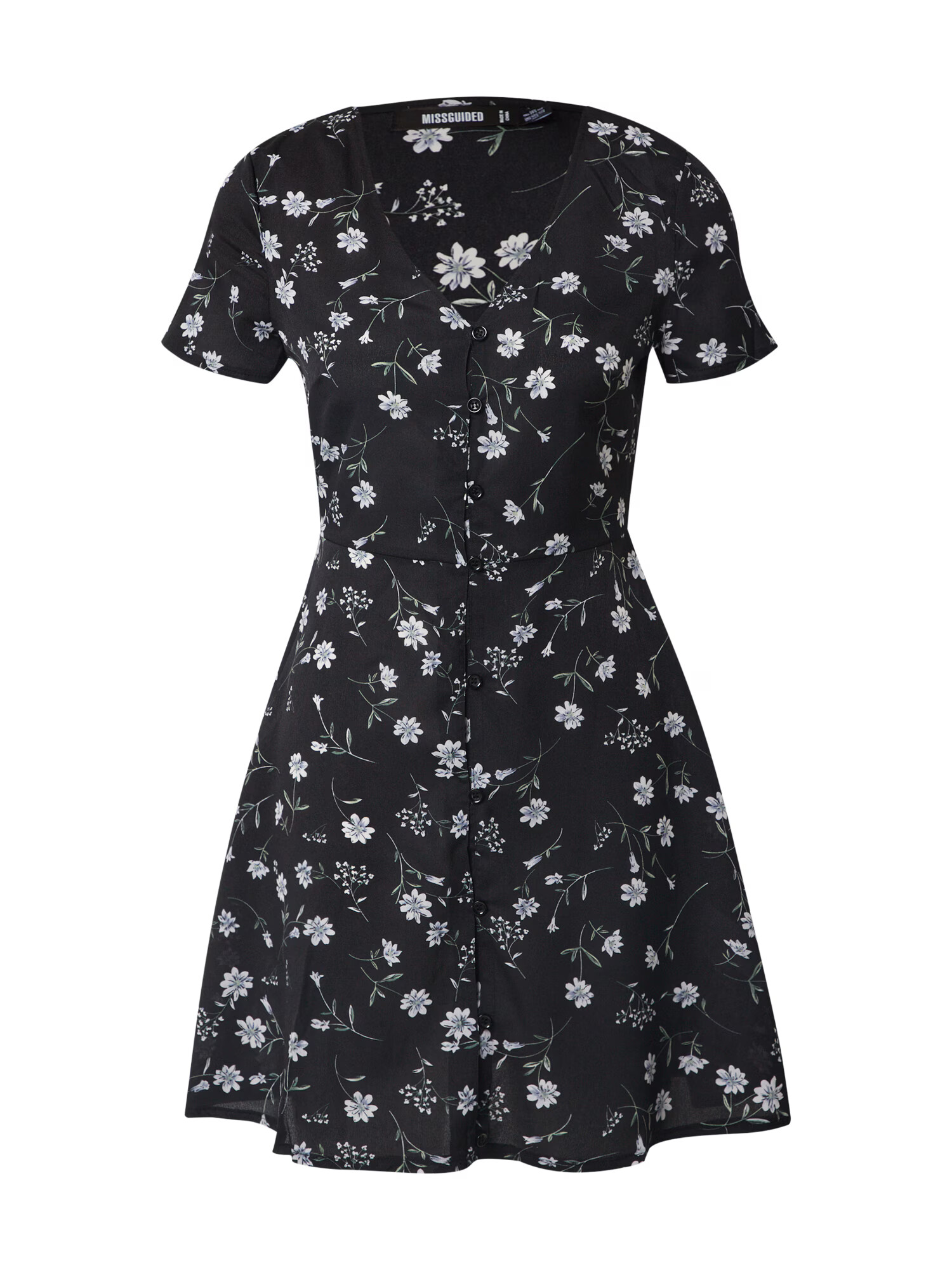 Missguided Rochie de vară 'BUTTON THROUGH TEA DRESS SS FLORAL' negru - Pled.ro