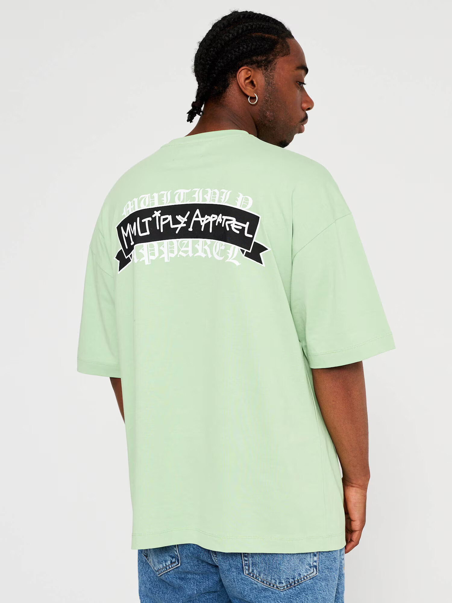 Multiply Apparel Tricou 'Banderole' verde pastel / negru / alb - Pled.ro