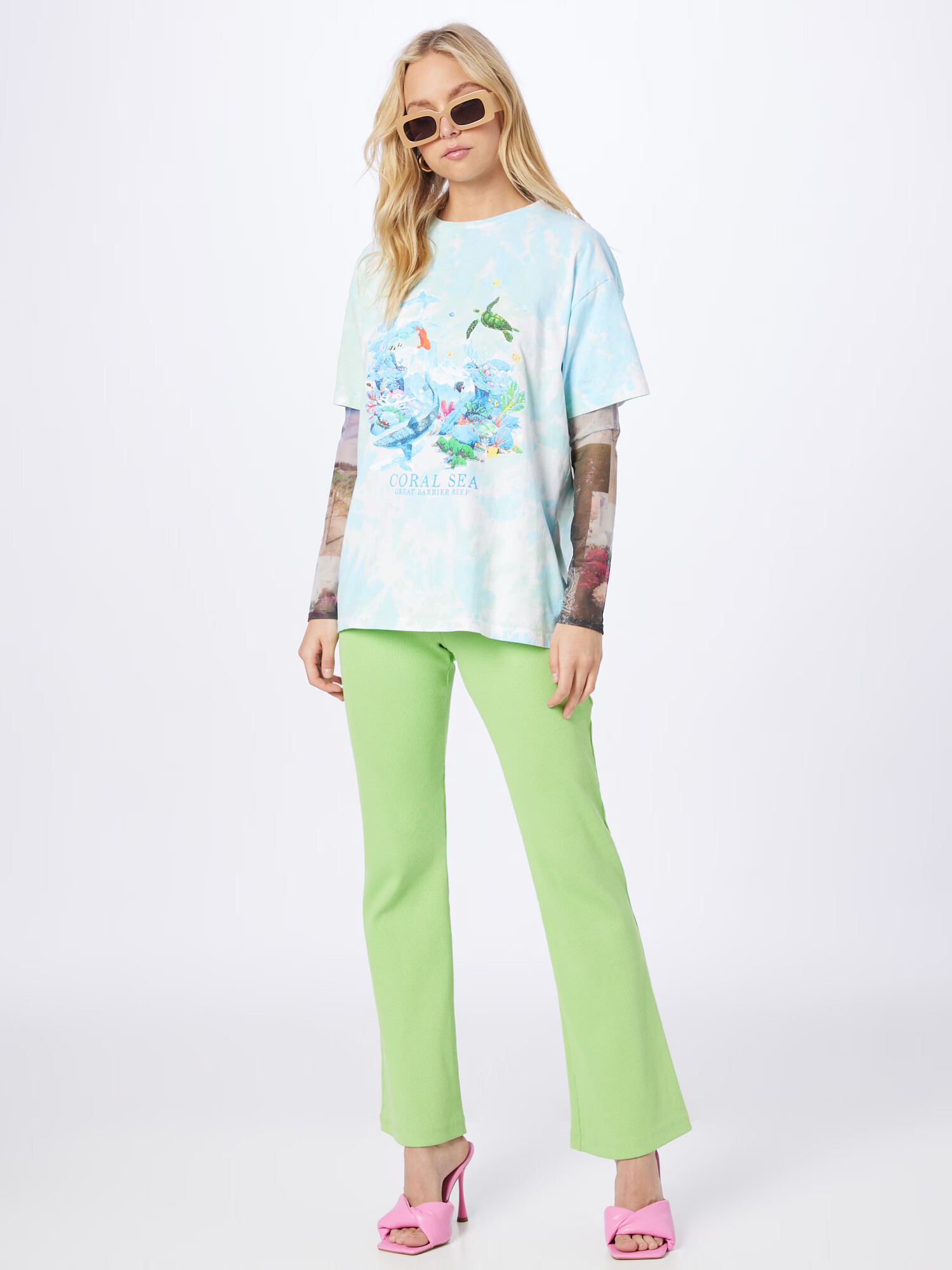 Nasty Gal Tricou albastru deschis / verde deschis / alb - Pled.ro