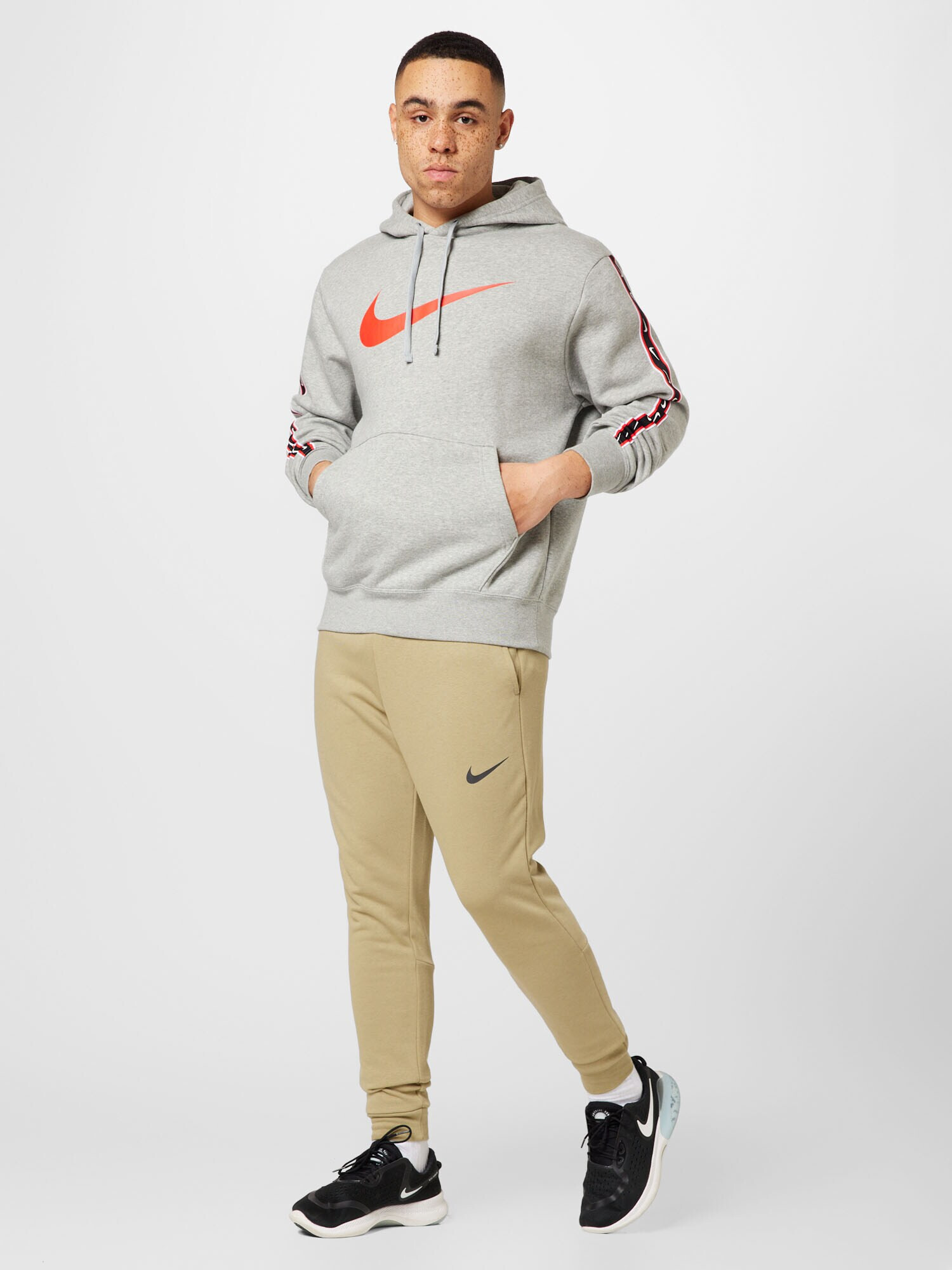 Nike Sportswear Bluză de molton 'Repeat' gri / roșu / negru - Pled.ro