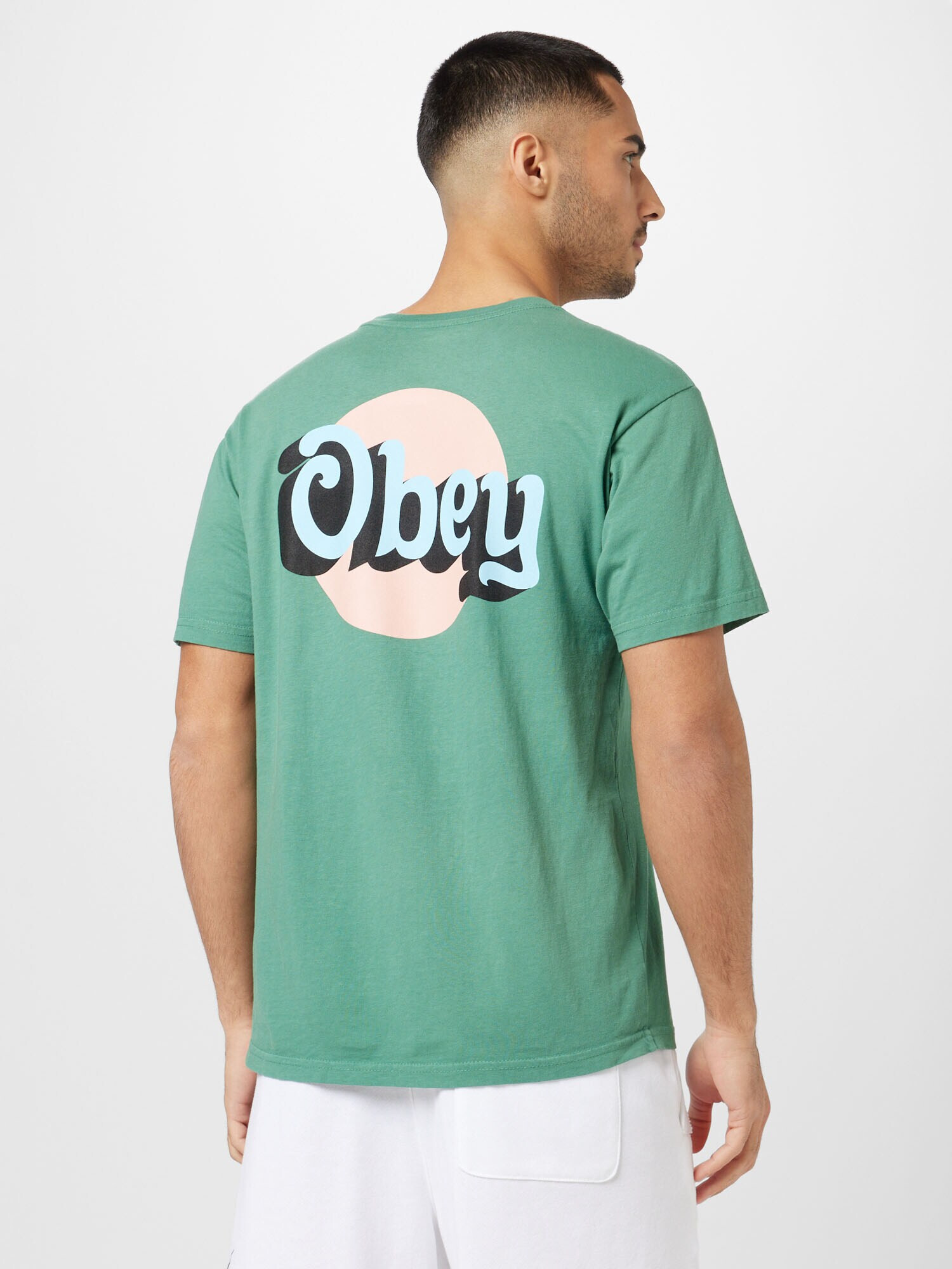 Obey Tricou albastru deschis / verde iarbă / roz pastel / negru - Pled.ro