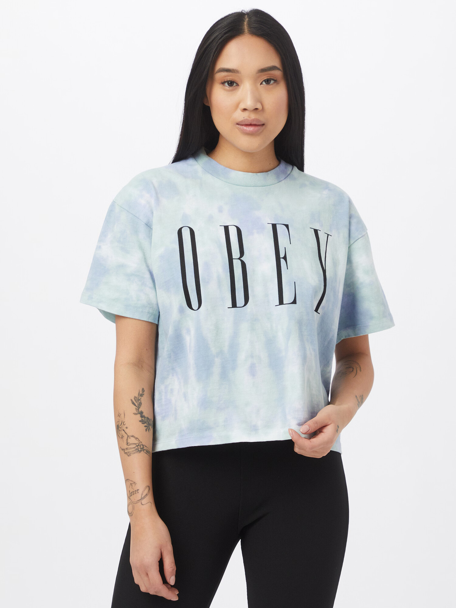 Obey Tricou albastru fumuriu / albastru deschis / negru / alb - Pled.ro