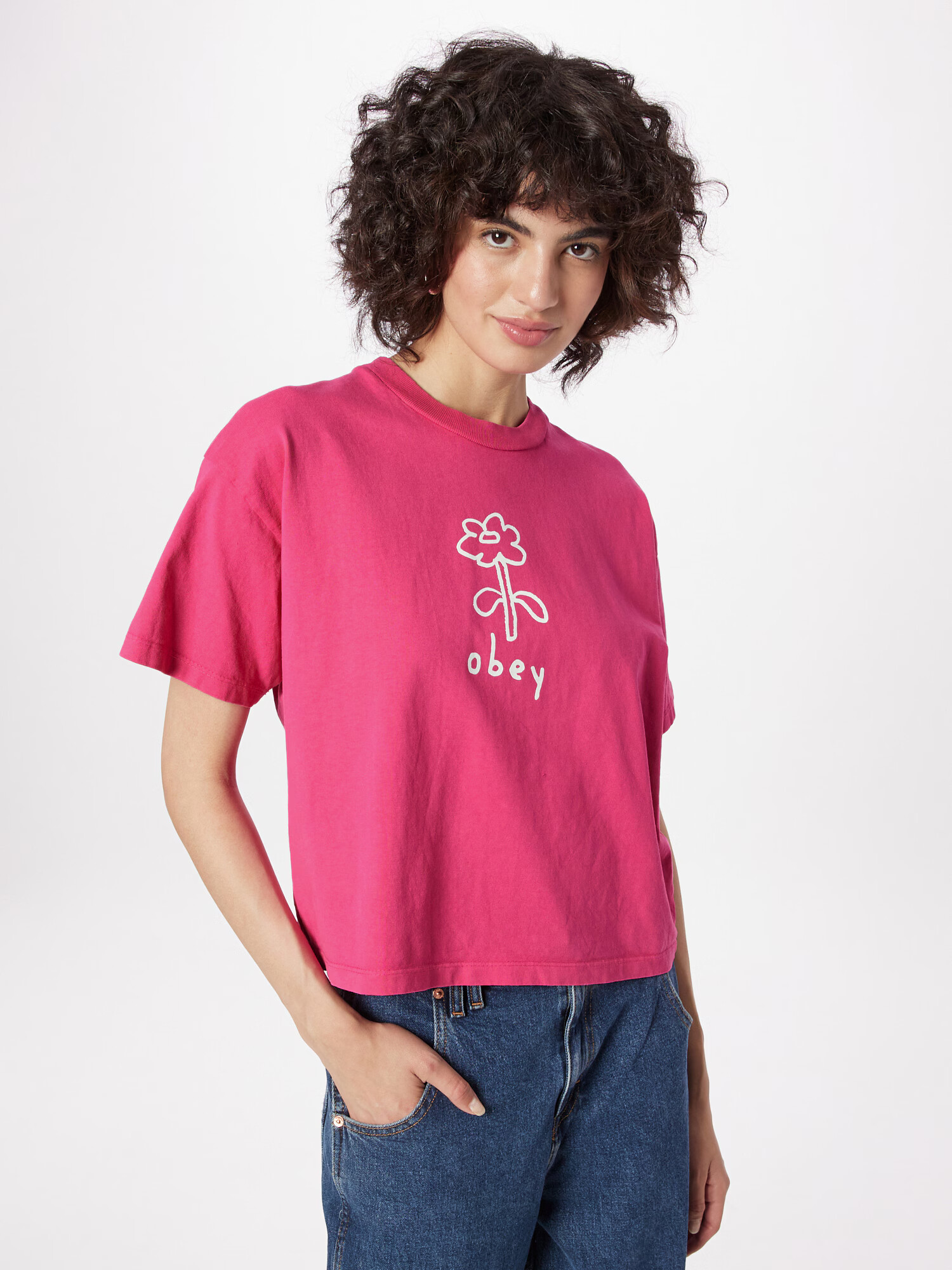 Obey Tricou fucsia / alb - Pled.ro