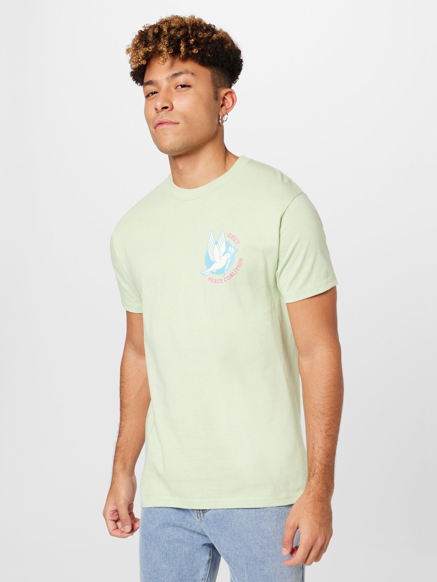 Obey Tricou turcoaz / verde pastel / roșu pastel / alb - Pled.ro