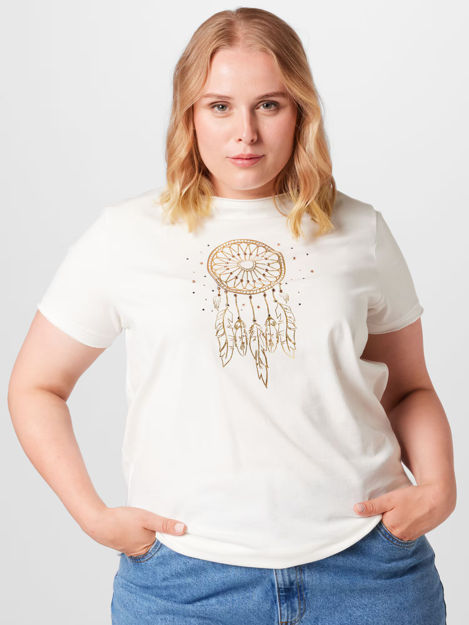 ONLY Carmakoma Tricou 'FEATHER' auriu / alb - Pled.ro