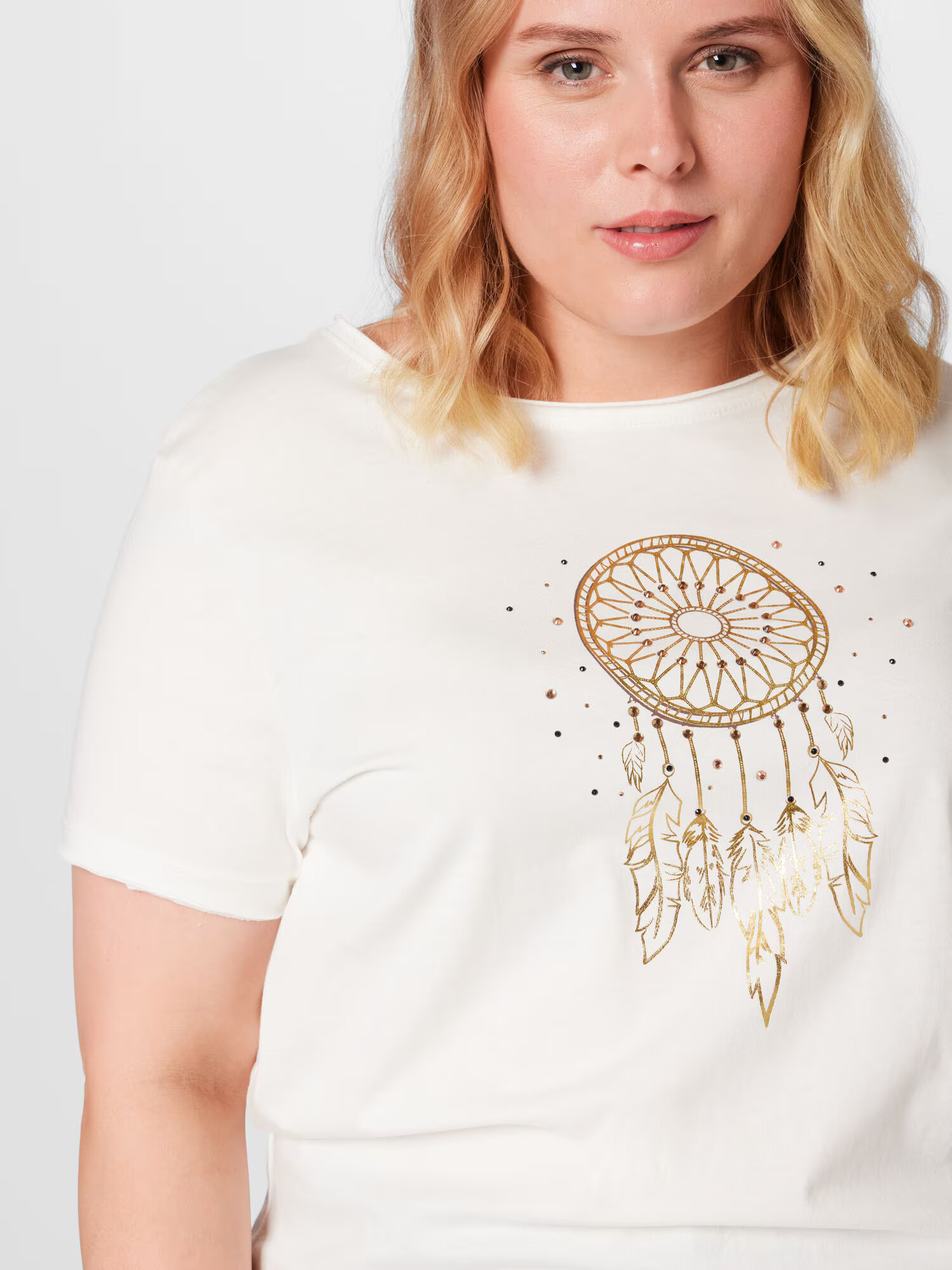 ONLY Carmakoma Tricou 'FEATHER' auriu / alb - Pled.ro