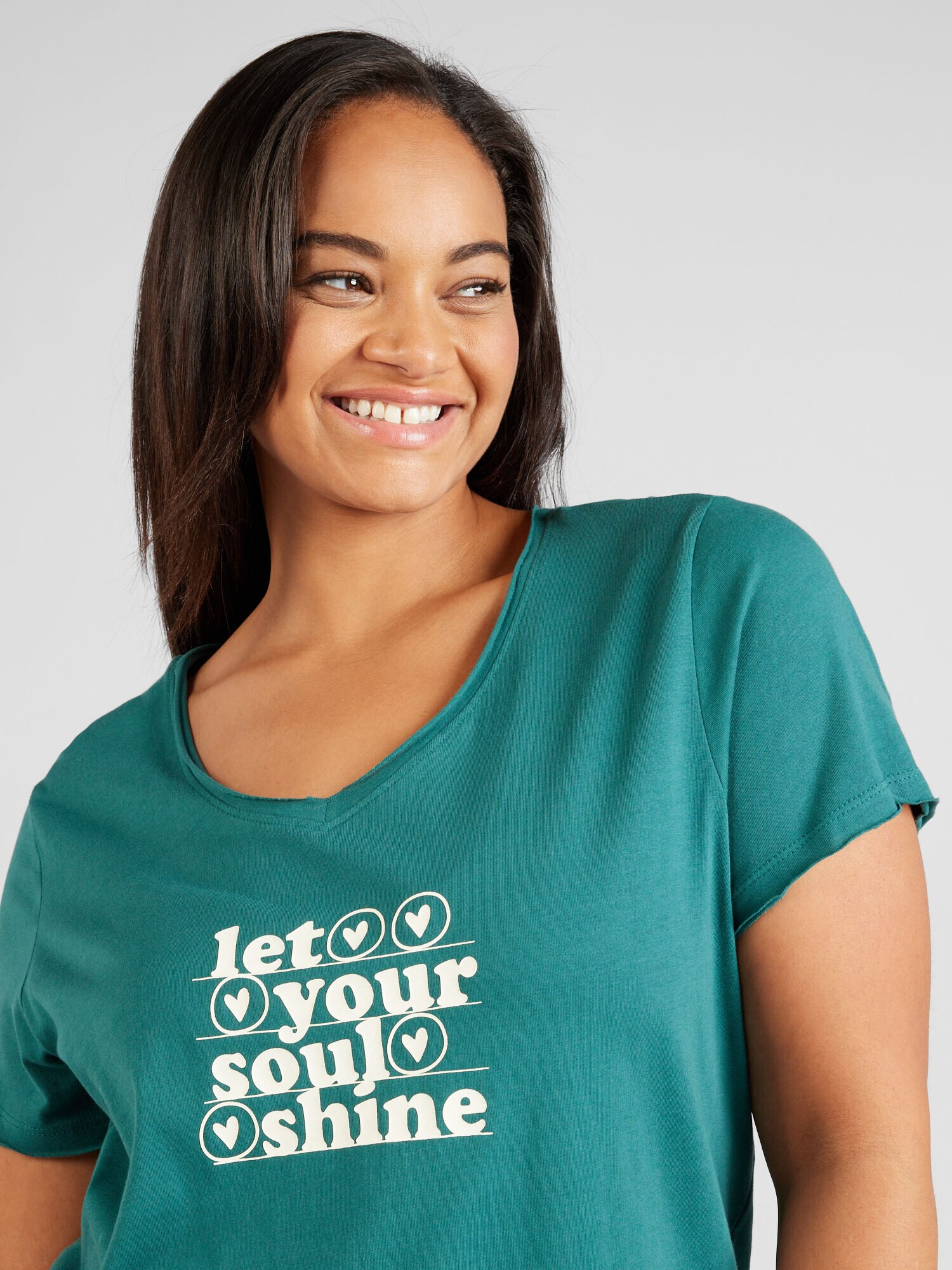 ONLY Carmakoma Tricou 'QUOTE' verde petrol / alb - Pled.ro