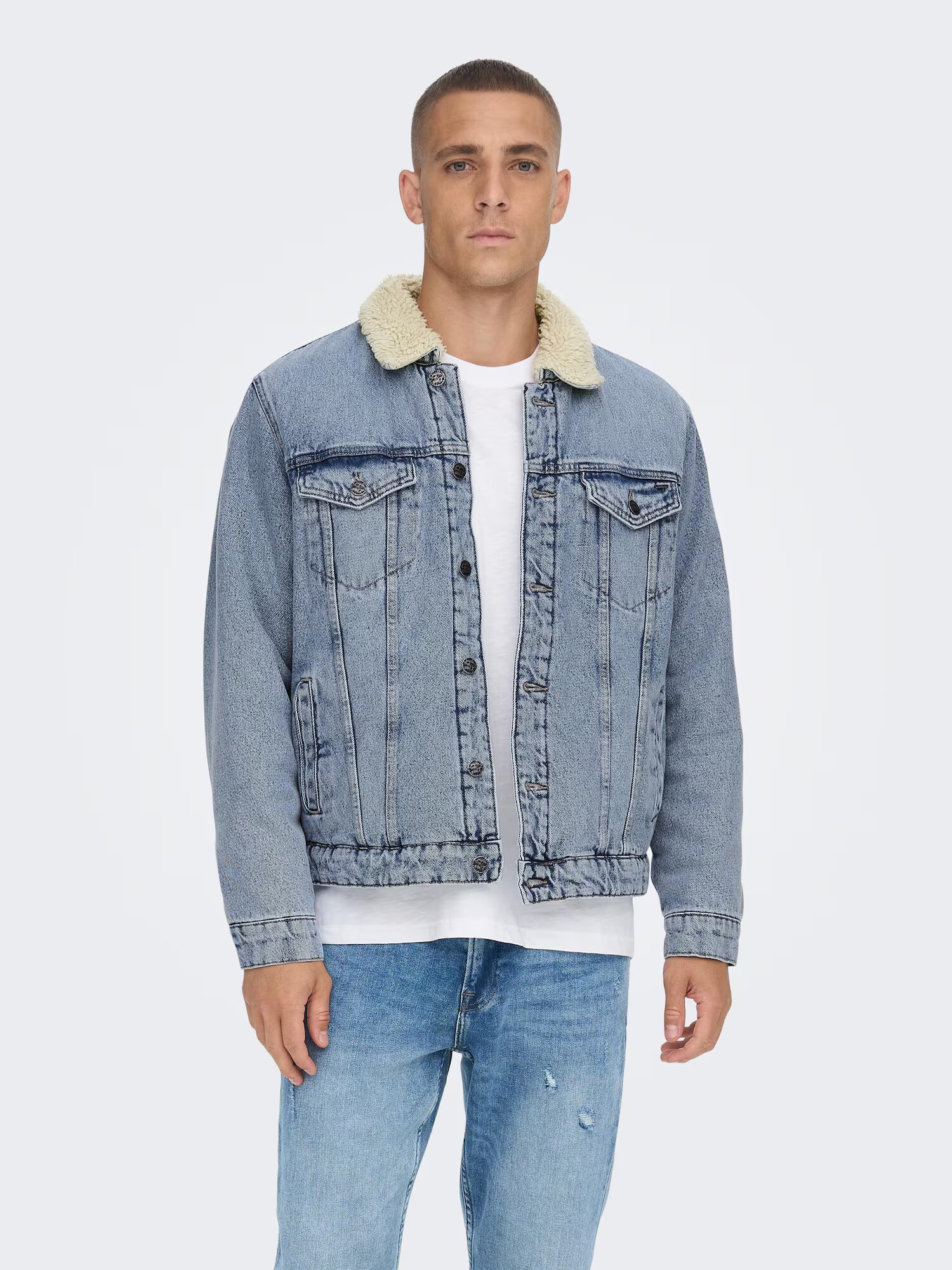 Only & Sons Geacă de primăvară-toamnă 'Louis' albastru denim / alb lână - Pled.ro