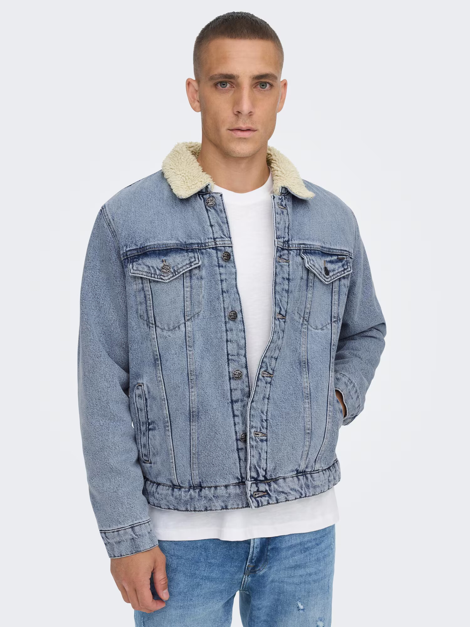 Only & Sons Geacă de primăvară-toamnă 'Louis' albastru denim / alb lână - Pled.ro