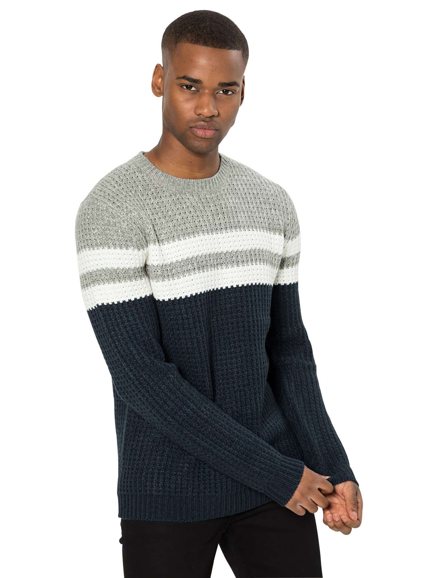 Only & Sons Pulover 'onsLAZLO STRIPED CREW NECK KNIT' albastru închis / gri / alb - Pled.ro