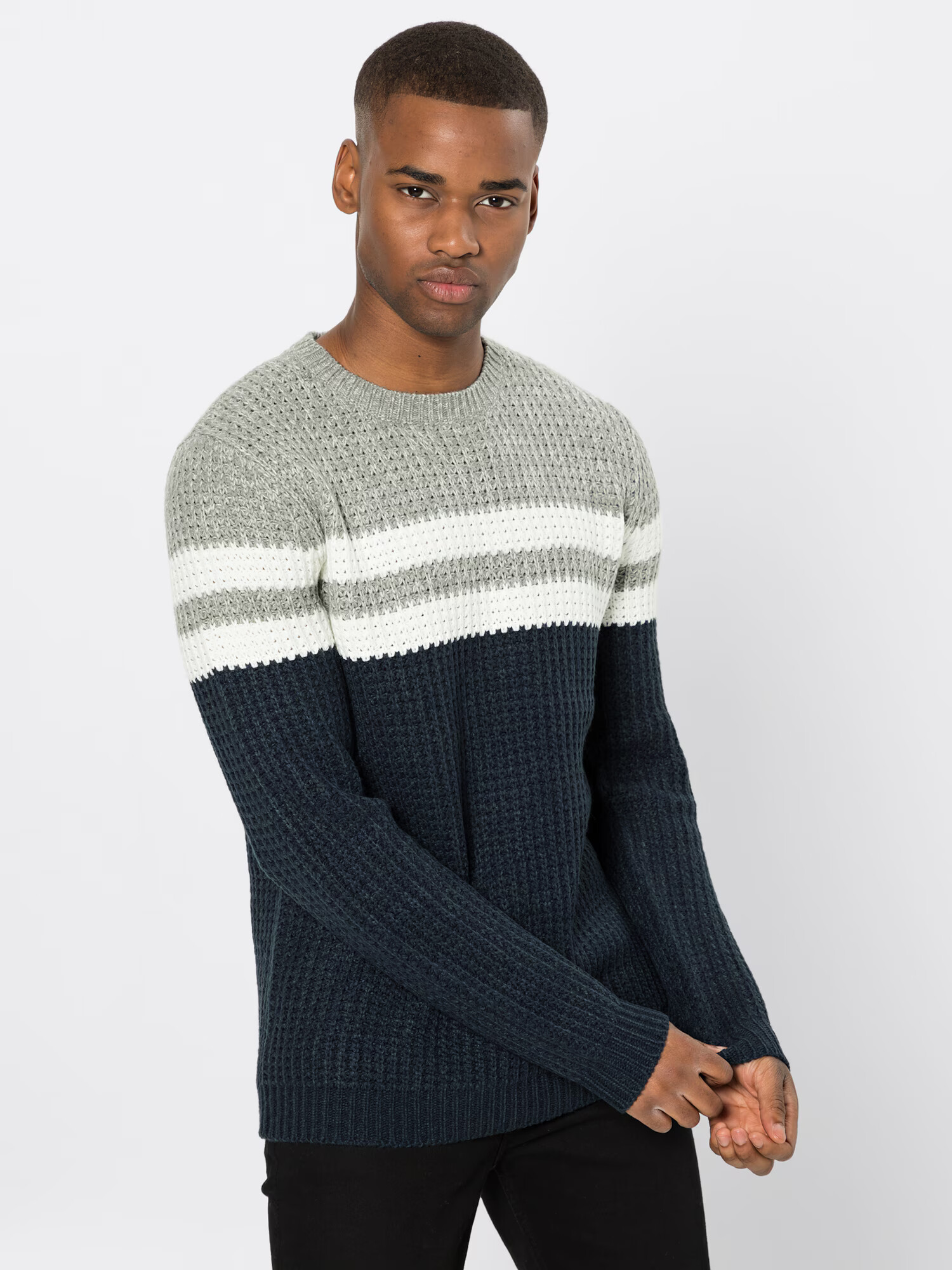 Only & Sons Pulover 'onsLAZLO STRIPED CREW NECK KNIT' albastru închis / gri / alb - Pled.ro