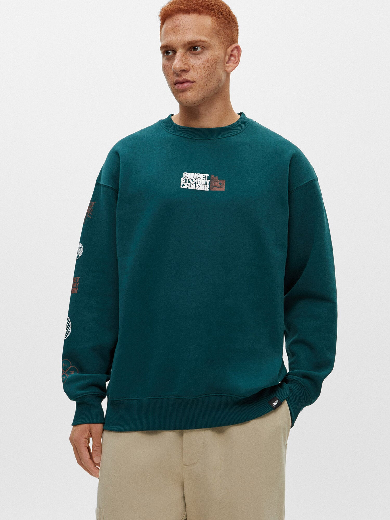 Pull&Bear Bluză de molton maro / verde petrol / alb - Pled.ro