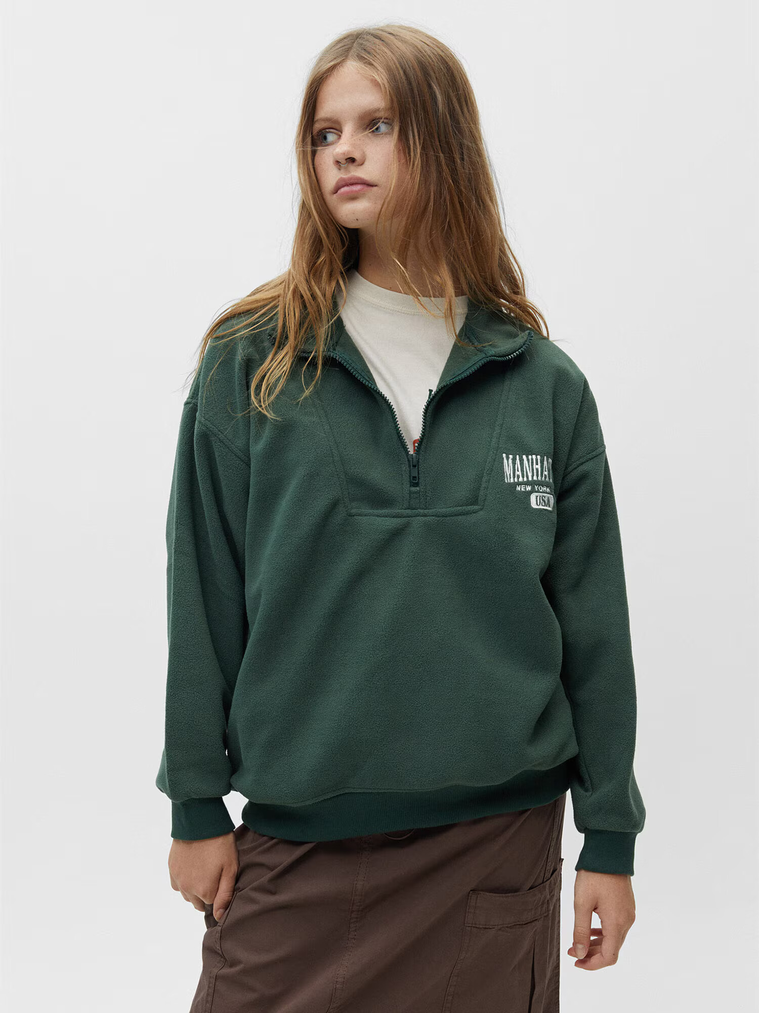 Pull&Bear Bluză de molton verde închis / alb - Pled.ro