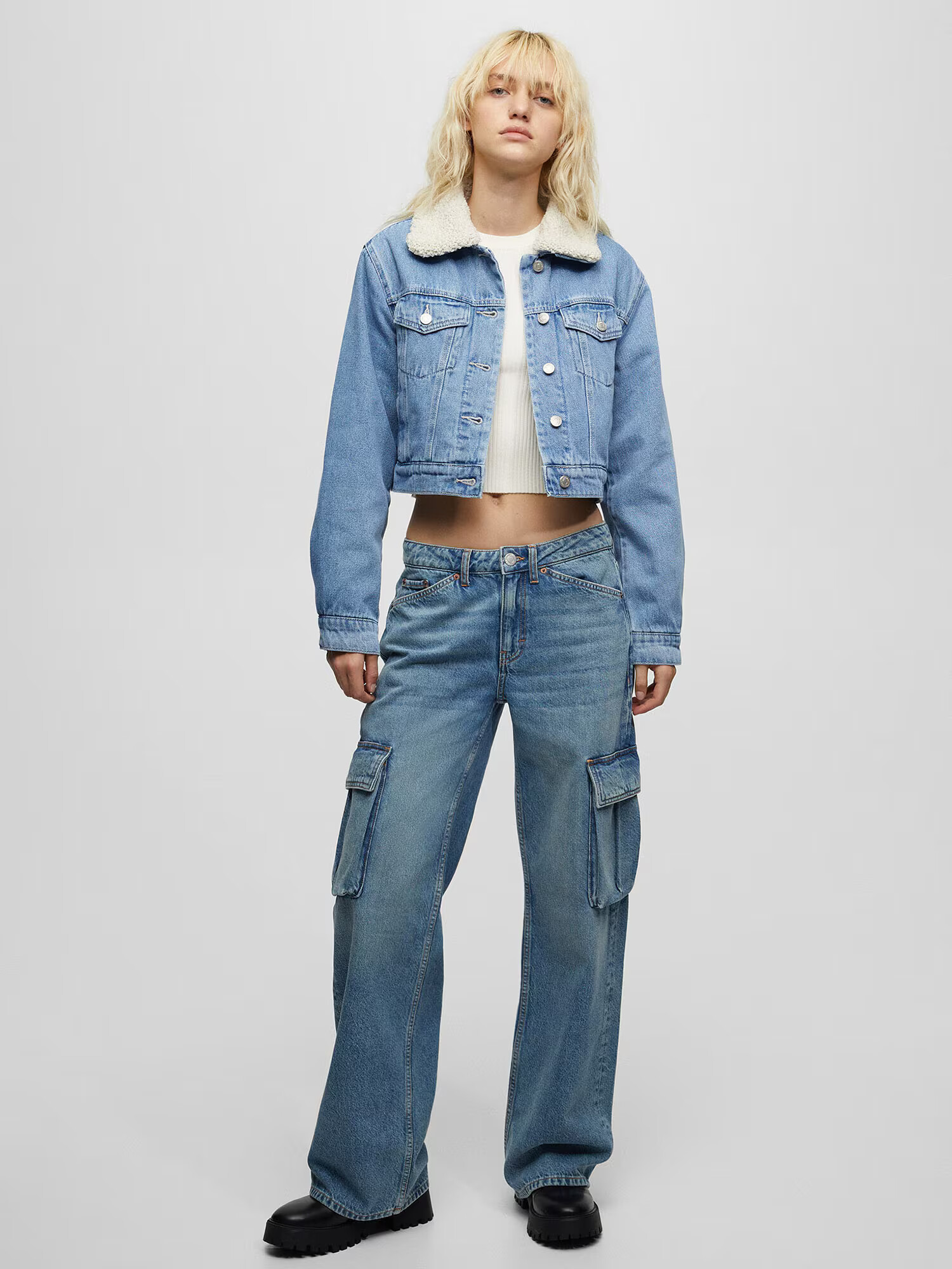 Pull&Bear Geacă de primăvară-toamnă albastru denim / alb lână - Pled.ro