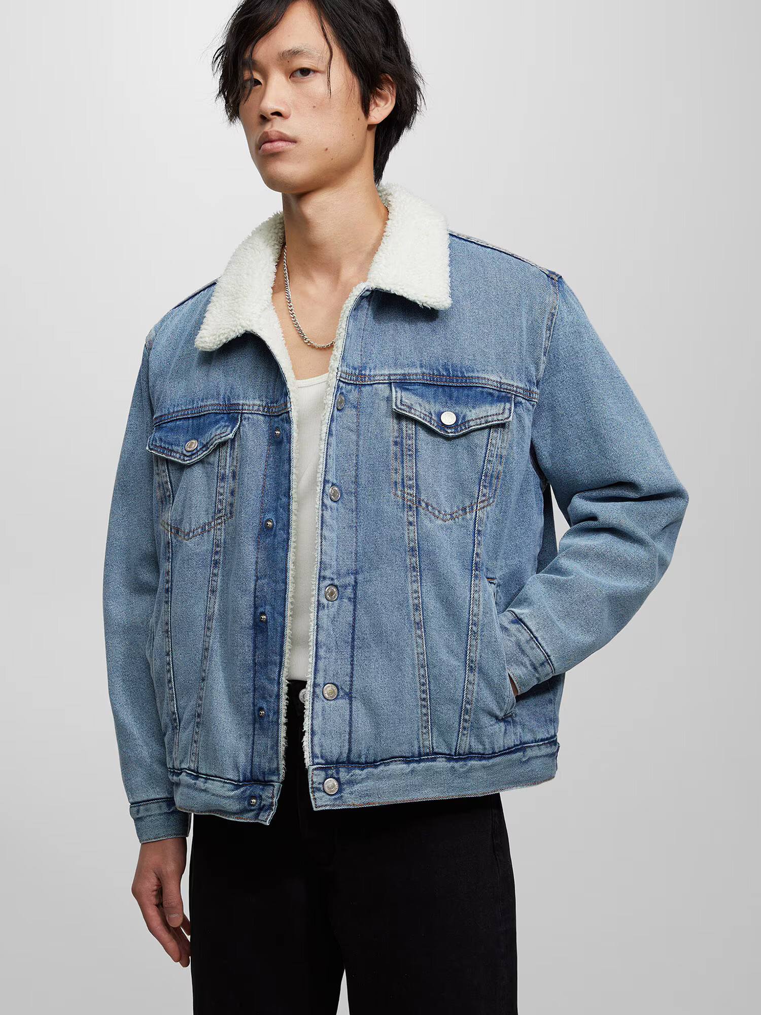 Pull&Bear Geacă de primăvară-toamnă albastru denim / alb lână - Pled.ro