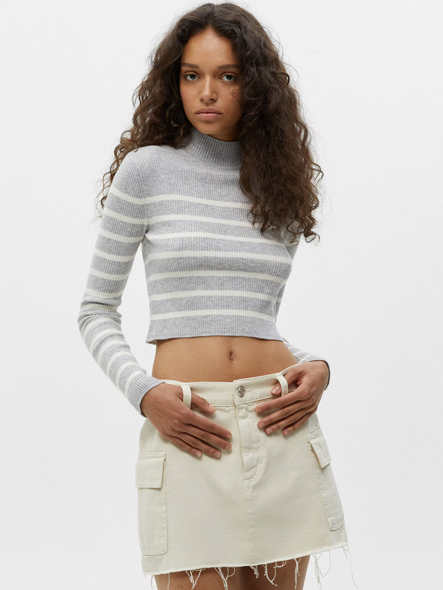 Pull&Bear Pulover gri / alb - Pled.ro