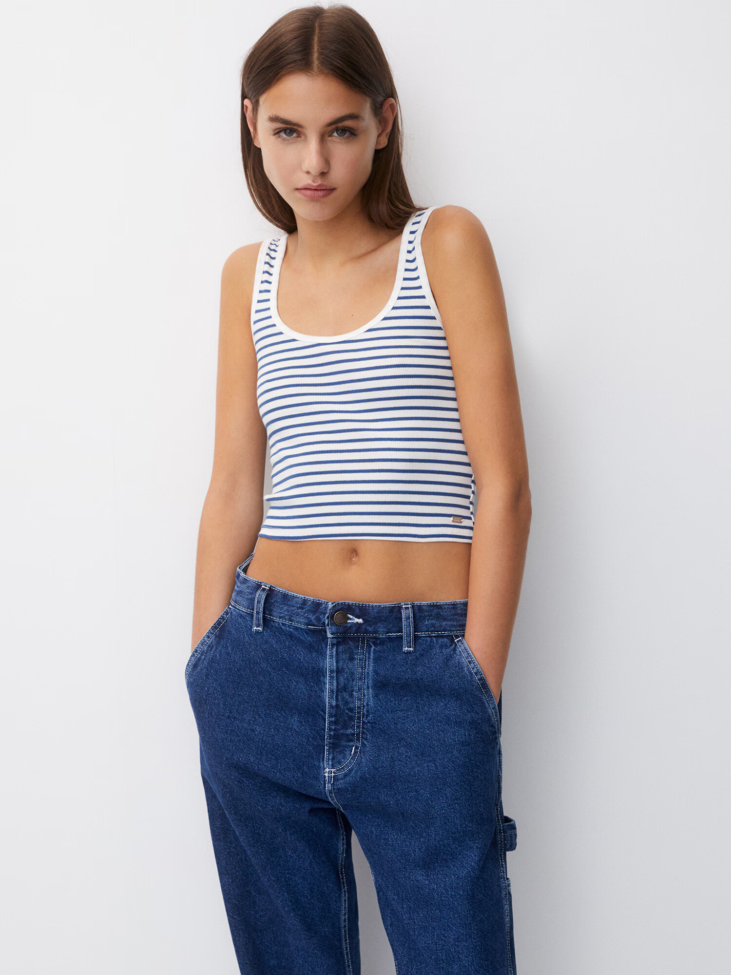 Pull&Bear Top albastru / alb - Pled.ro