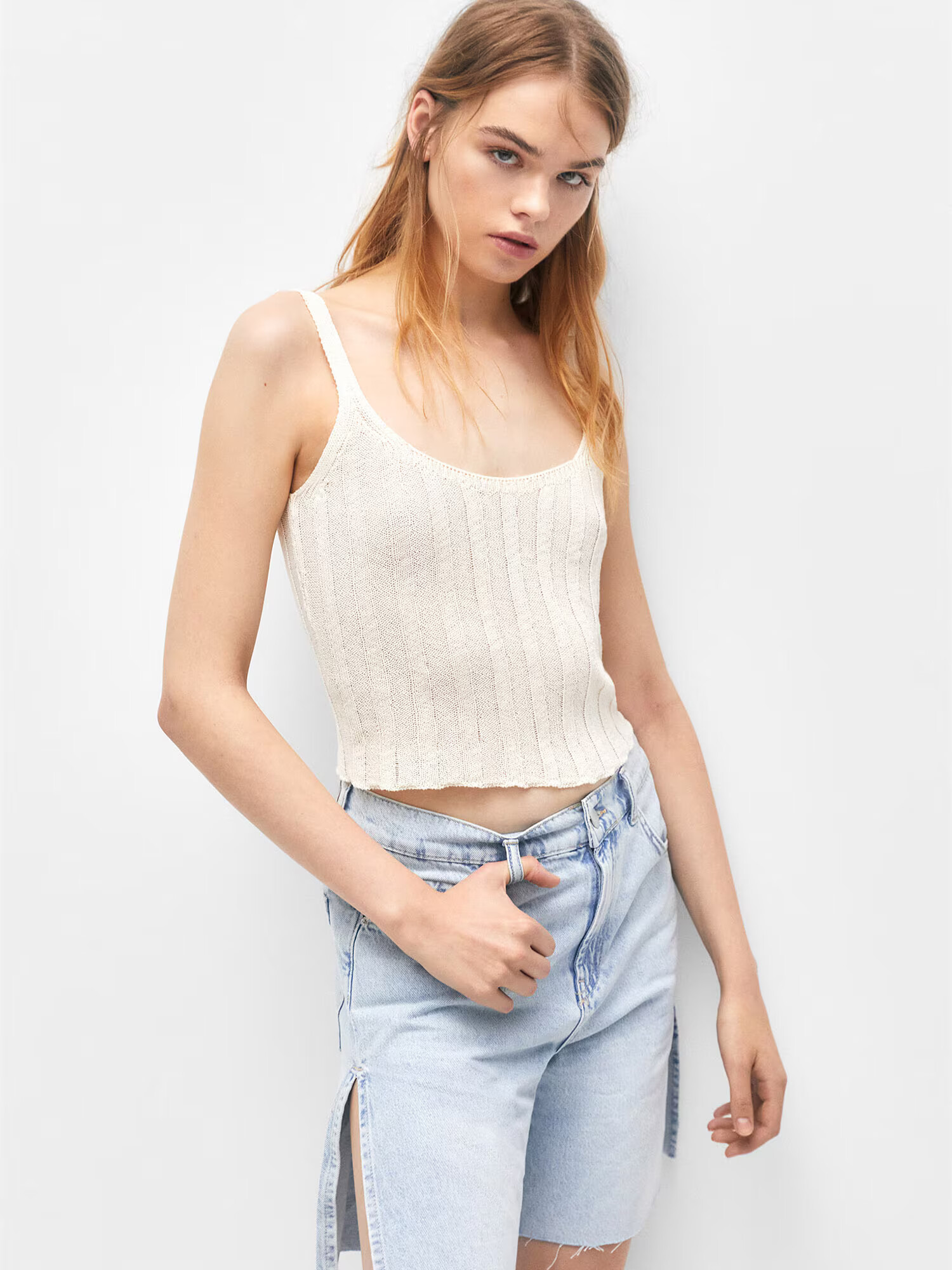 Pull&Bear Top brodat ecru - Pled.ro