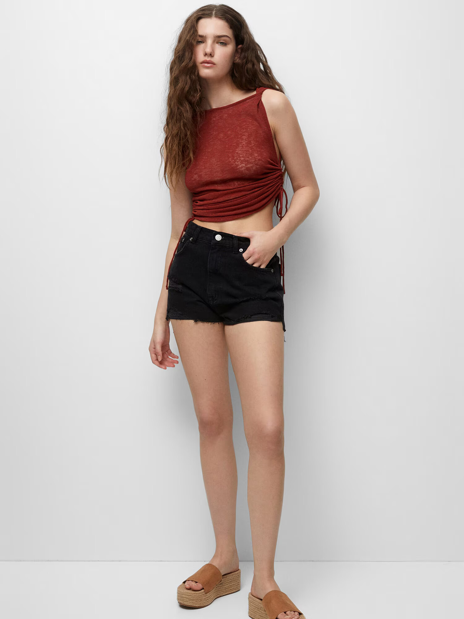 Pull&Bear Top brodat maro ruginiu - Pled.ro