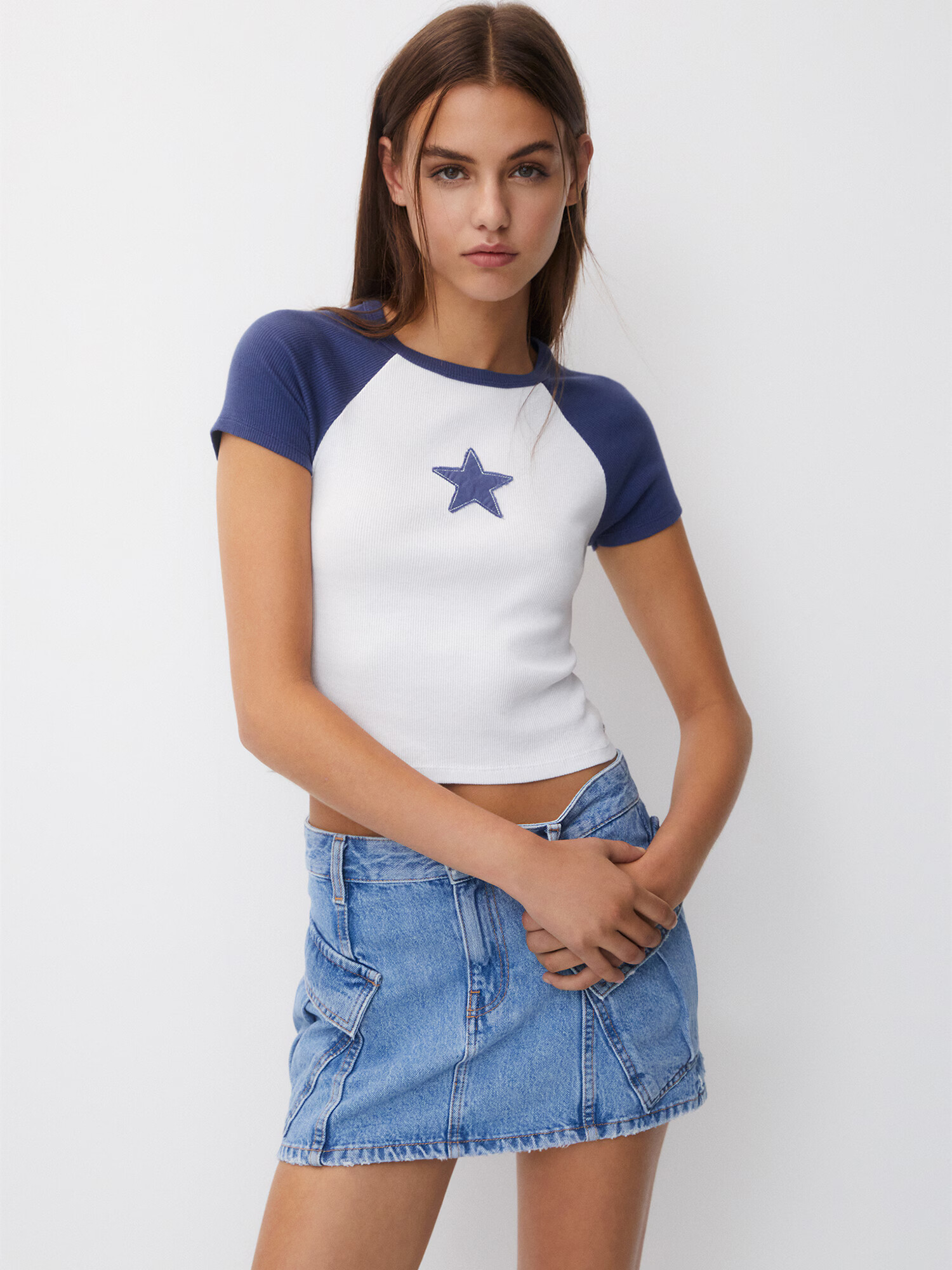 Pull&Bear Tricou albastru marin / alb - Pled.ro