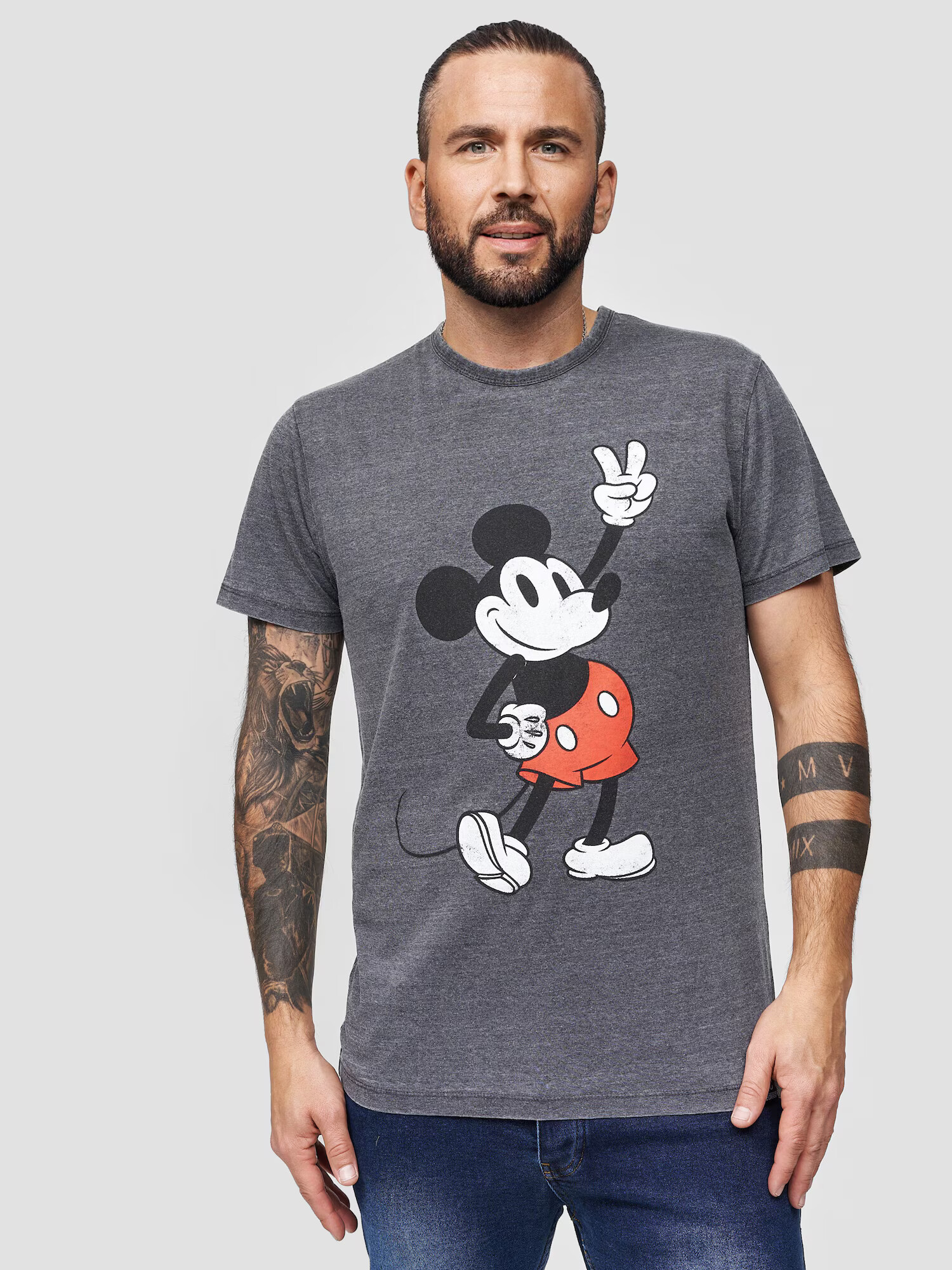 Recovered Tricou 'Disney Mickey Peace Pose' gri închis / roșu / negru / alb - Pled.ro