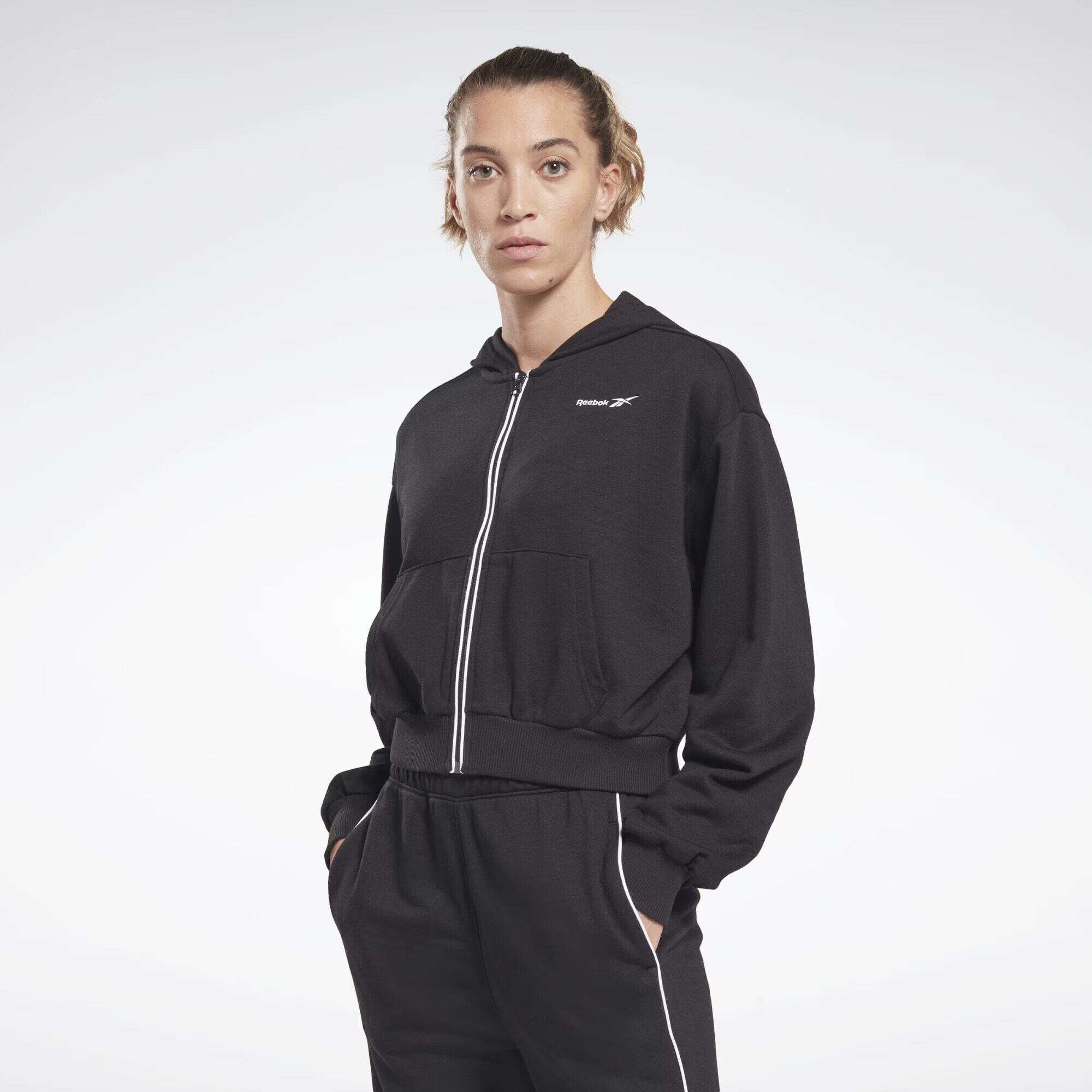 Reebok Sport Bluză cu fermoar sport negru / alb - Pled.ro