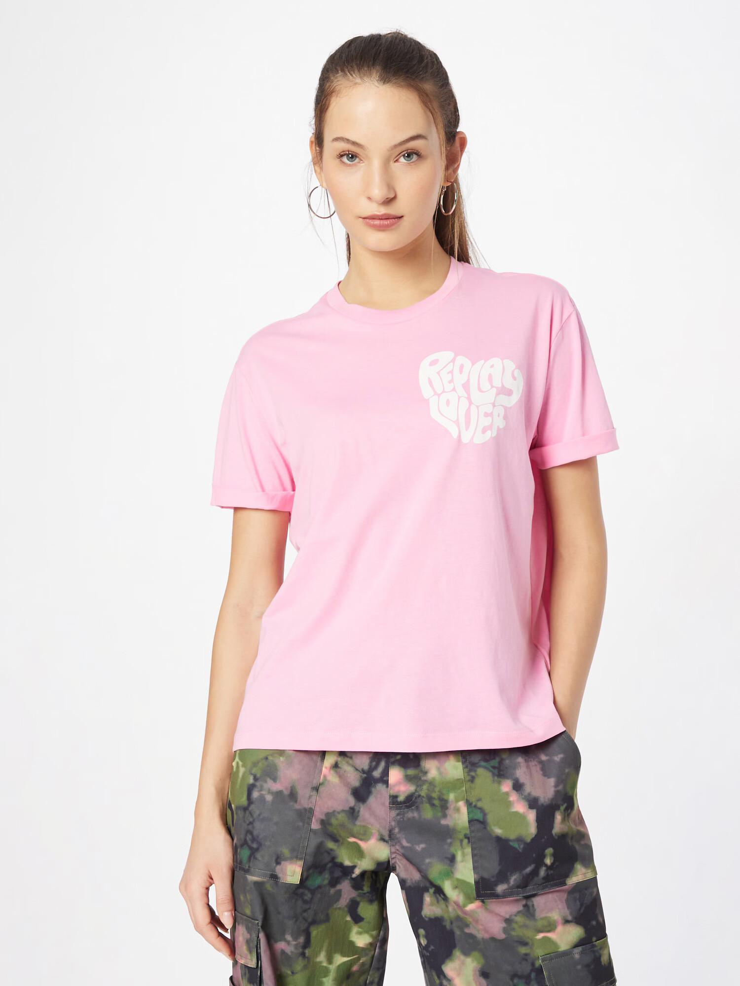 REPLAY Tricou roz deschis / alb - Pled.ro