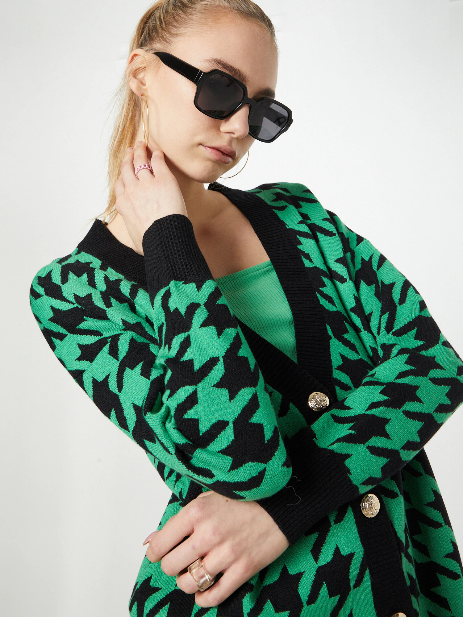 River Island Geacă tricotată 'DOGSTOOTH' verde / negru - Pled.ro