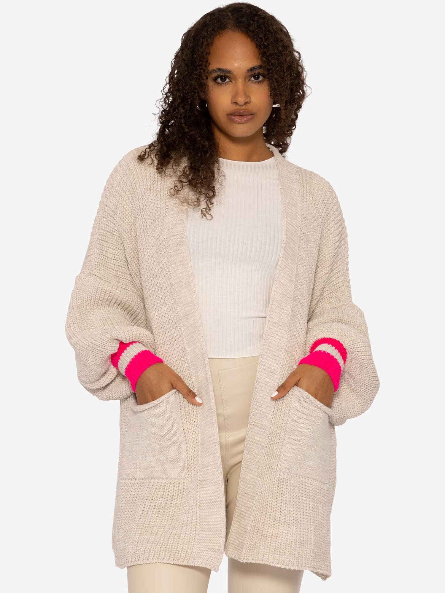 SASSYCLASSY Cardigan dimensiuni mari bej deschis / roz neon - Pled.ro