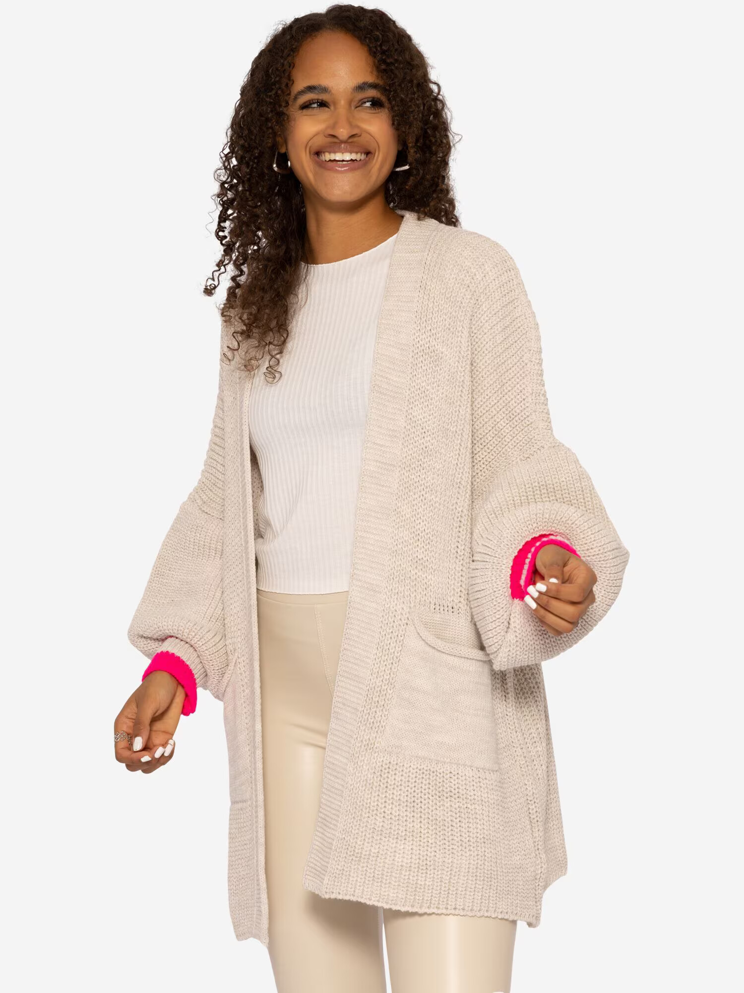 SASSYCLASSY Cardigan dimensiuni mari bej deschis / roz neon - Pled.ro