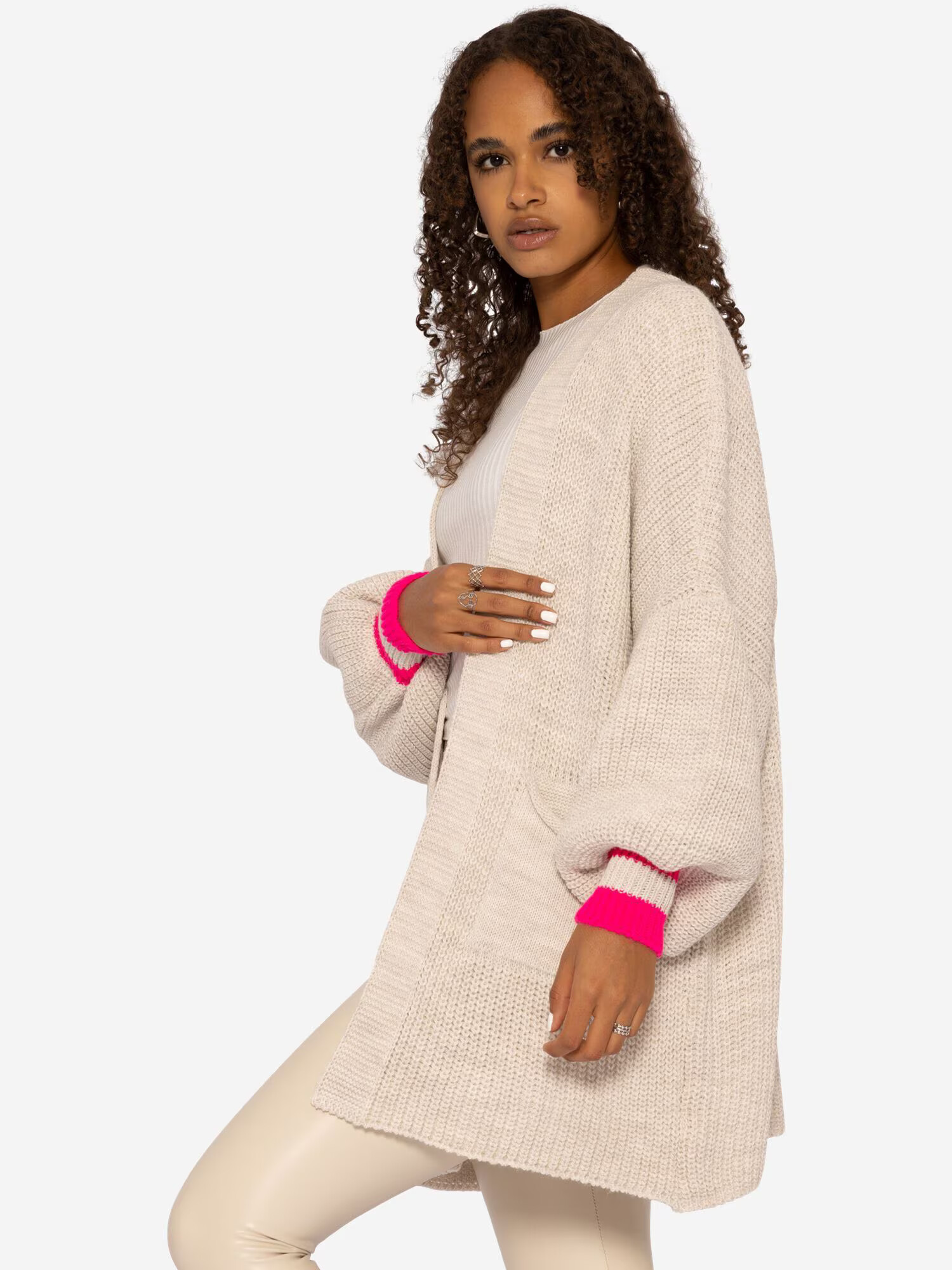 SASSYCLASSY Cardigan dimensiuni mari bej deschis / roz neon - Pled.ro