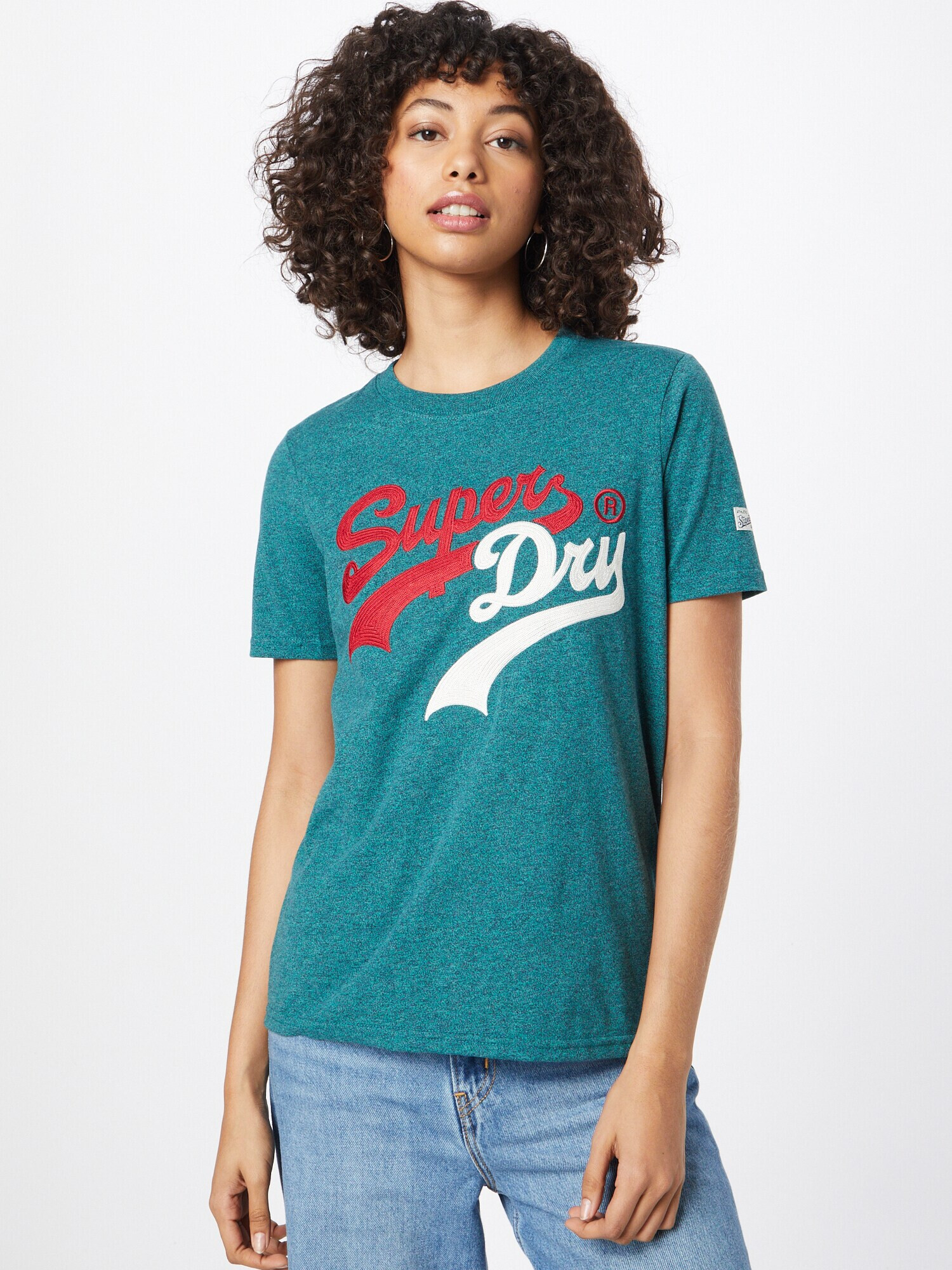 Superdry Tricou 'Interest' verde petrol / roșu / alb - Pled.ro