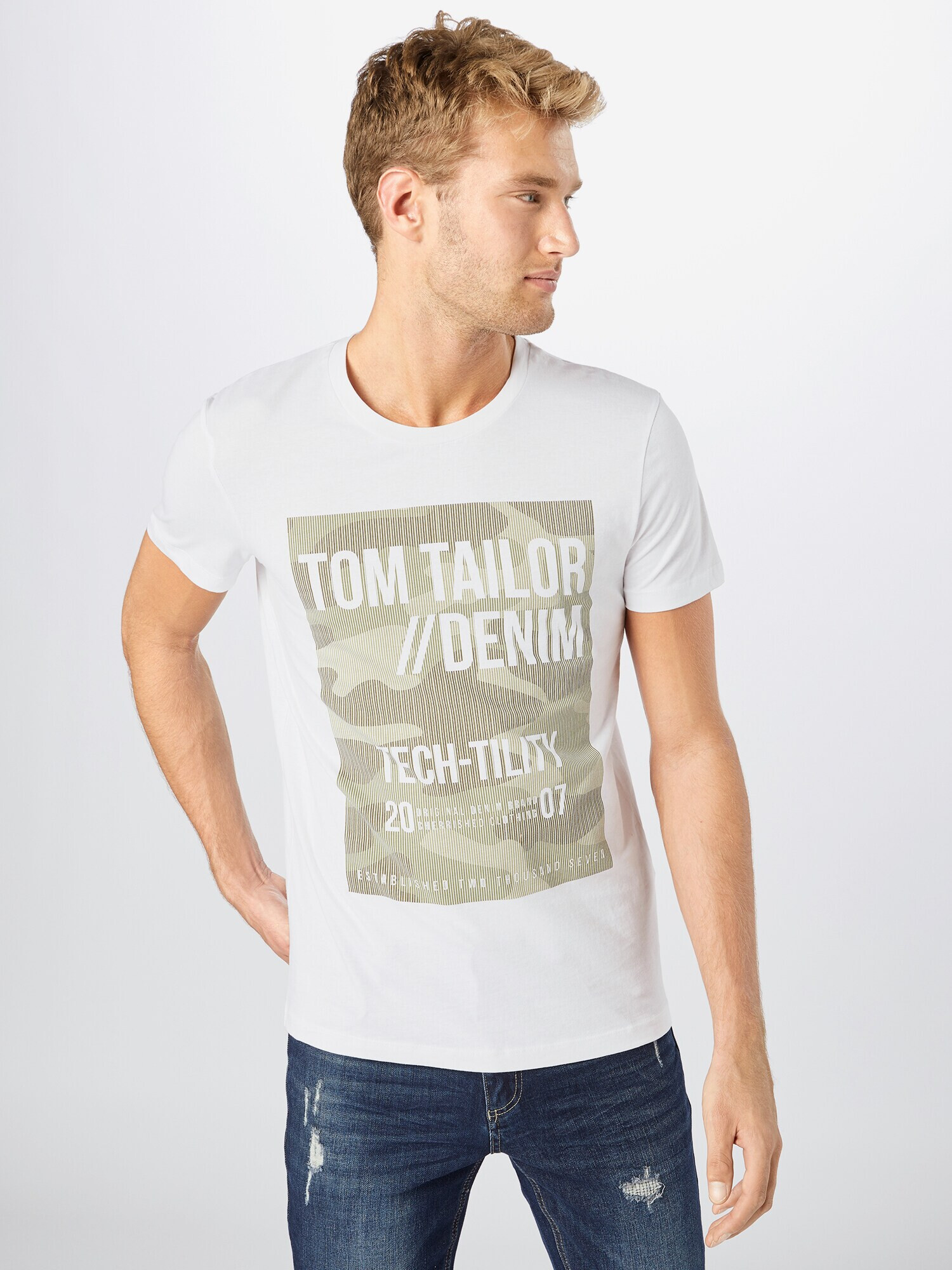 TOM TAILOR DENIM Tricou gri fumuriu / grej / alb - Pled.ro