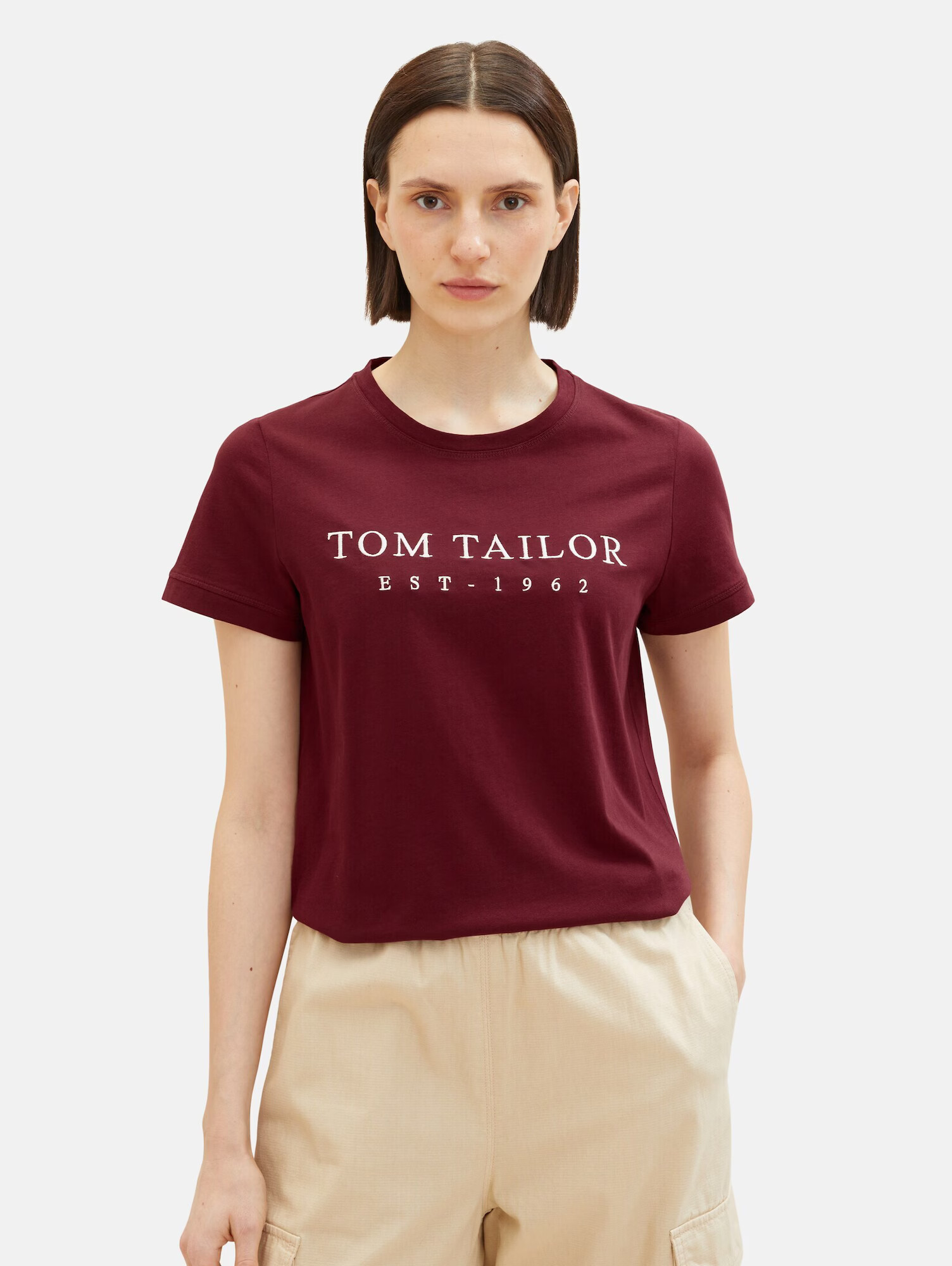 TOM TAILOR Tricou roșu bordeaux / alb - Pled.ro