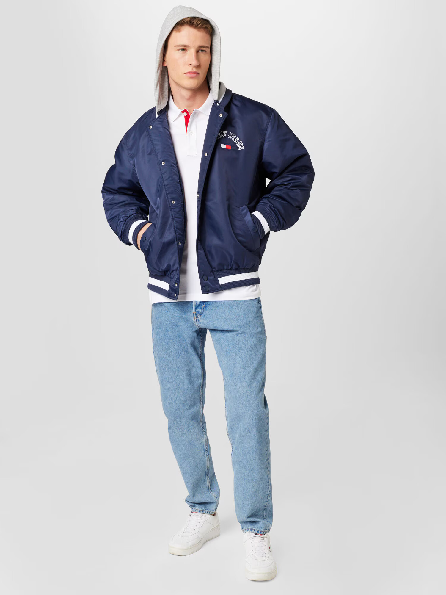 TOMMY HILFIGER Geacă de primăvară-toamnă bleumarin / gri deschis / roși aprins / alb - Pled.ro