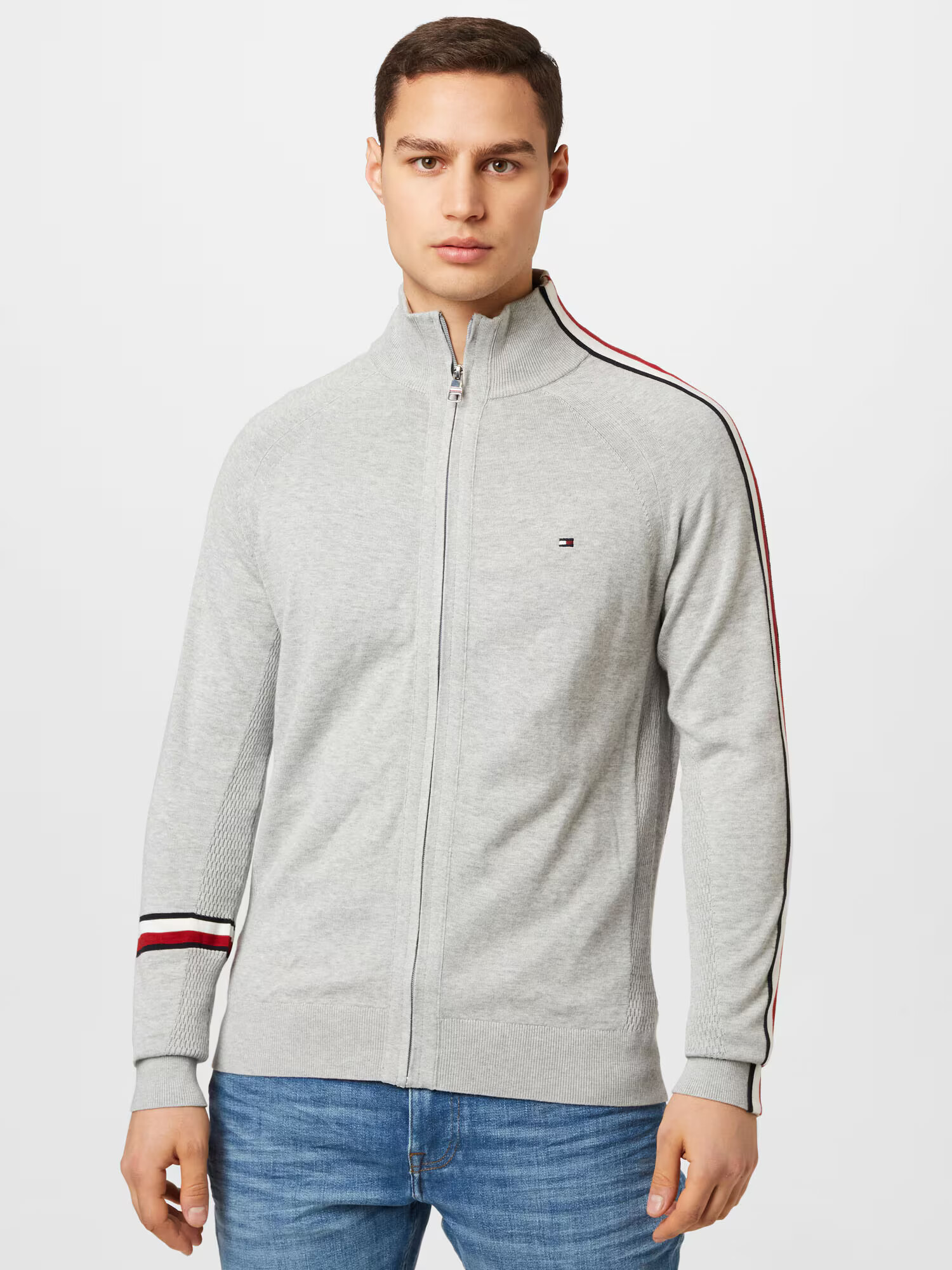 TOMMY HILFIGER Geacă tricotată 'INTARSIA' bleumarin / gri deschis / roșu / alb - Pled.ro