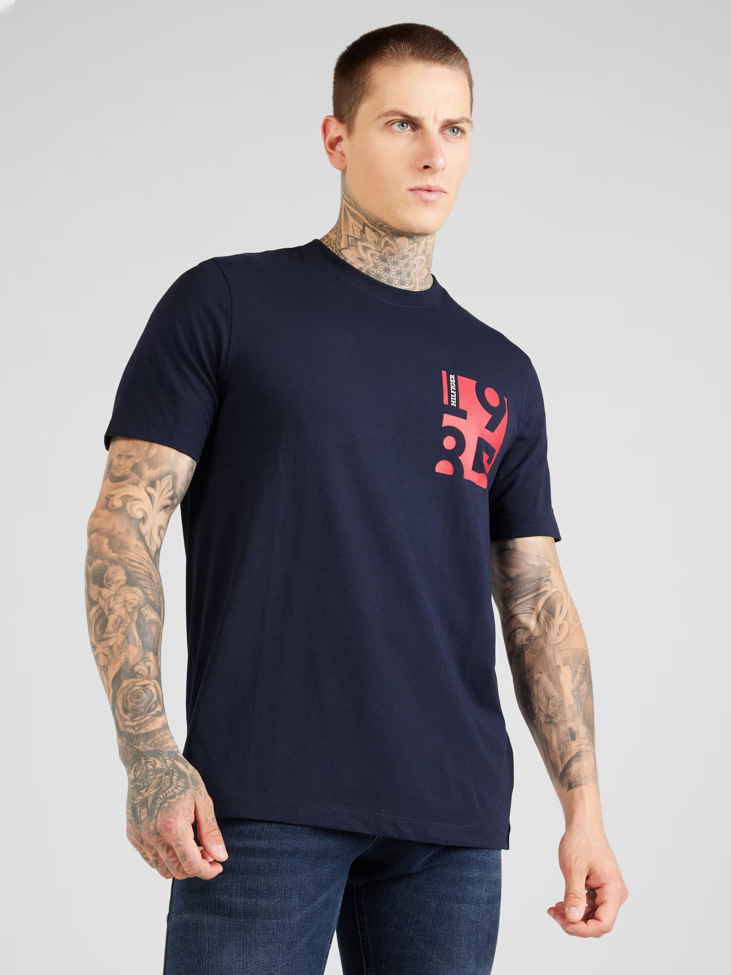 TOMMY HILFIGER Tricou bleumarin / roșu deschis / alb - Pled.ro