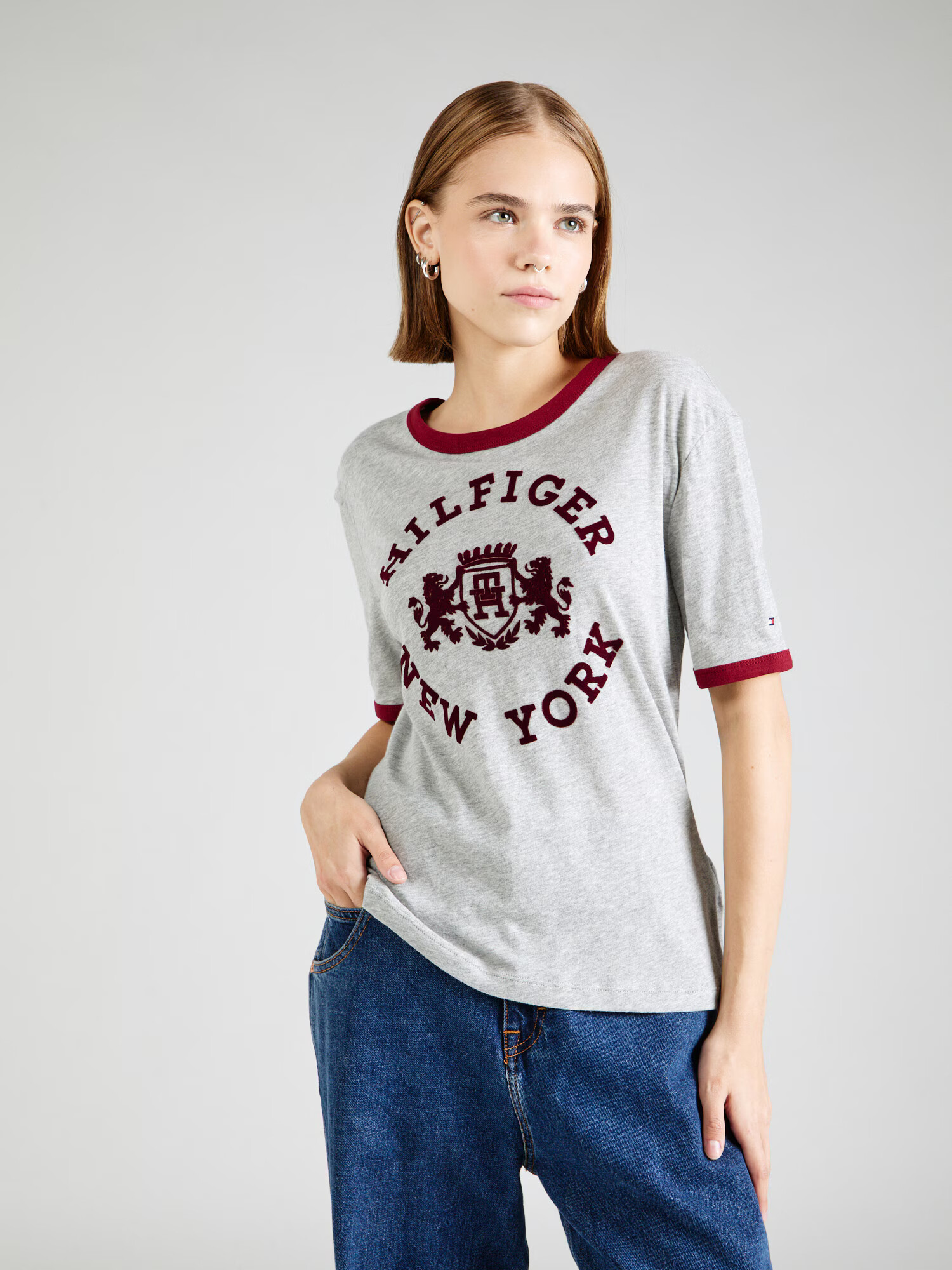 TOMMY HILFIGER Tricou gri amestecat / roșu burgundy - Pled.ro