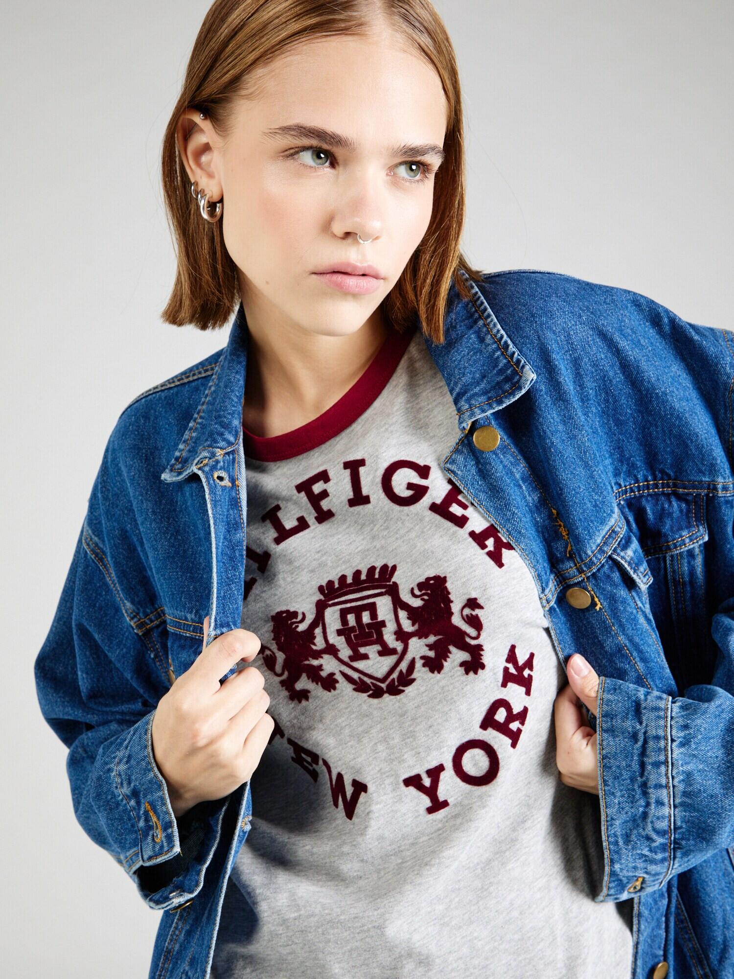 TOMMY HILFIGER Tricou gri amestecat / roșu burgundy - Pled.ro