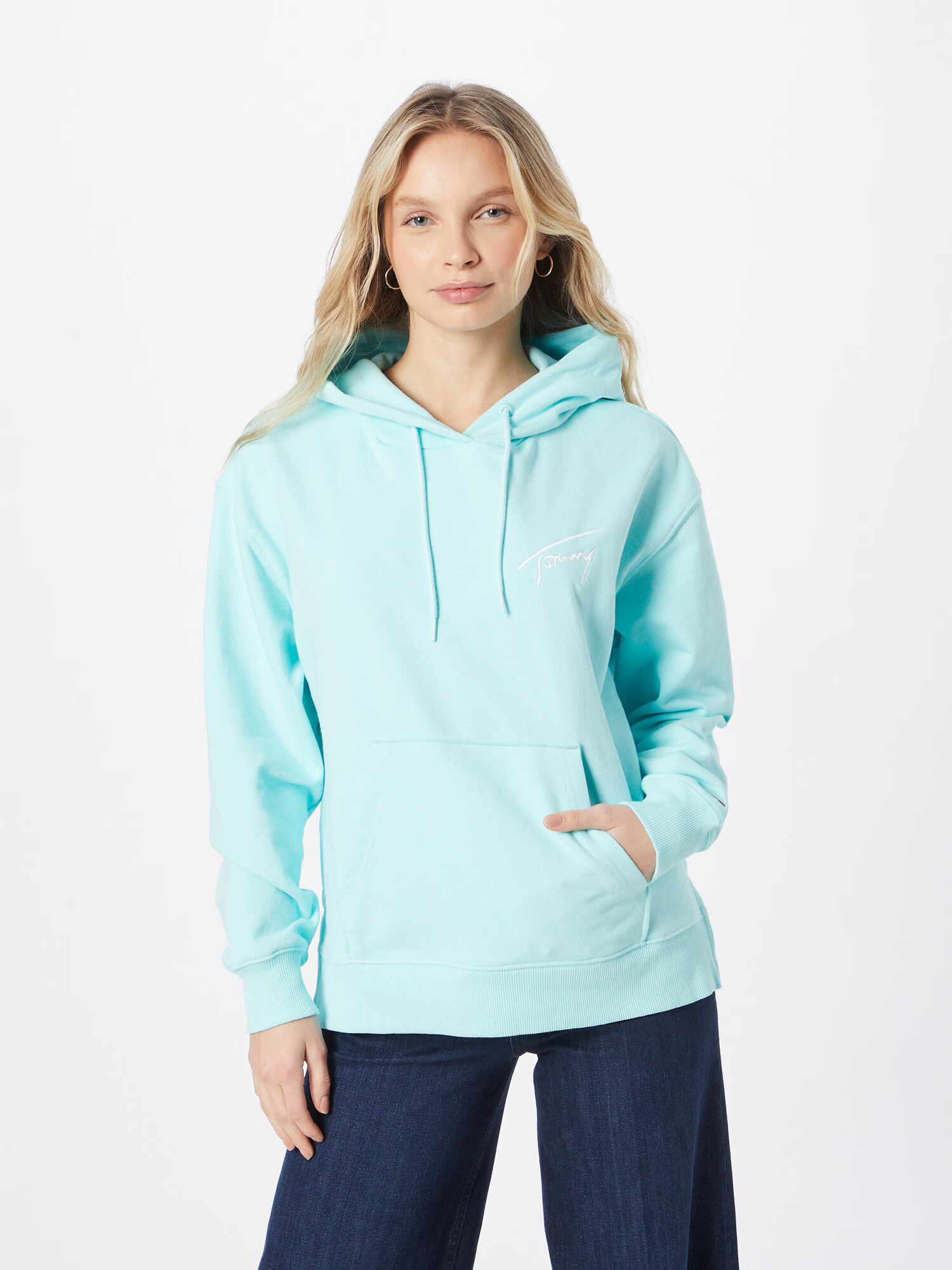 Tommy Jeans Bluză de molton albastru aqua / alb - Pled.ro