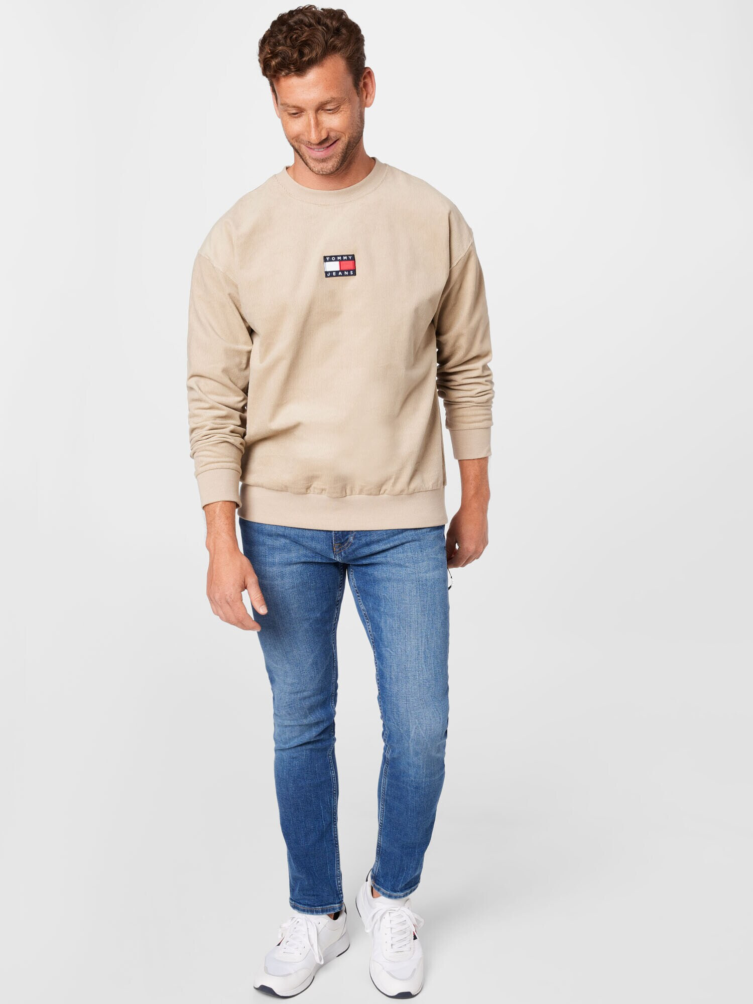 Tommy Jeans Bluză de molton 'Corduroy' bej / bleumarin / roșu / alb - Pled.ro