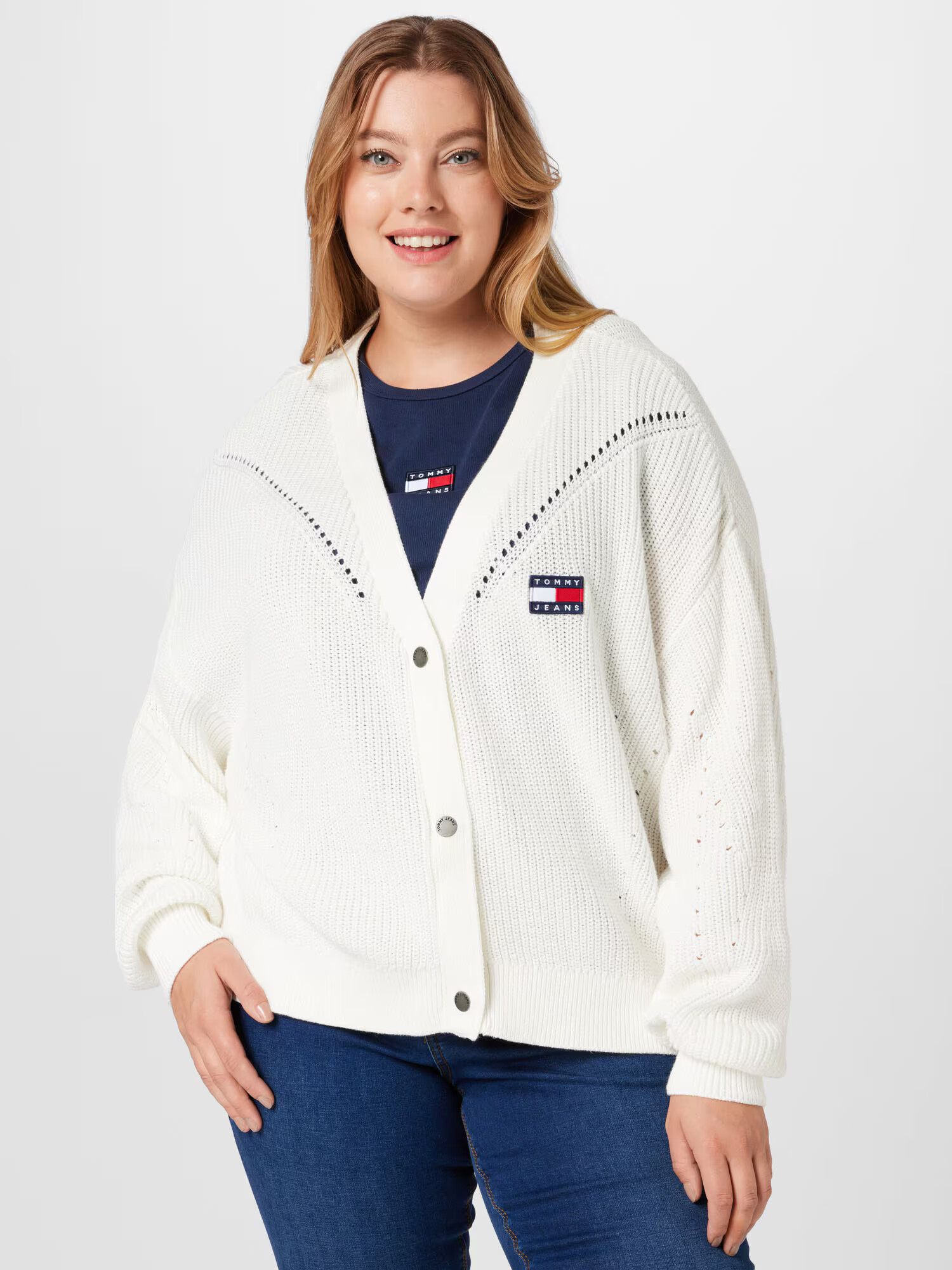 Tommy Jeans Curve Geacă tricotată bleumarin / roșu / alb - Pled.ro