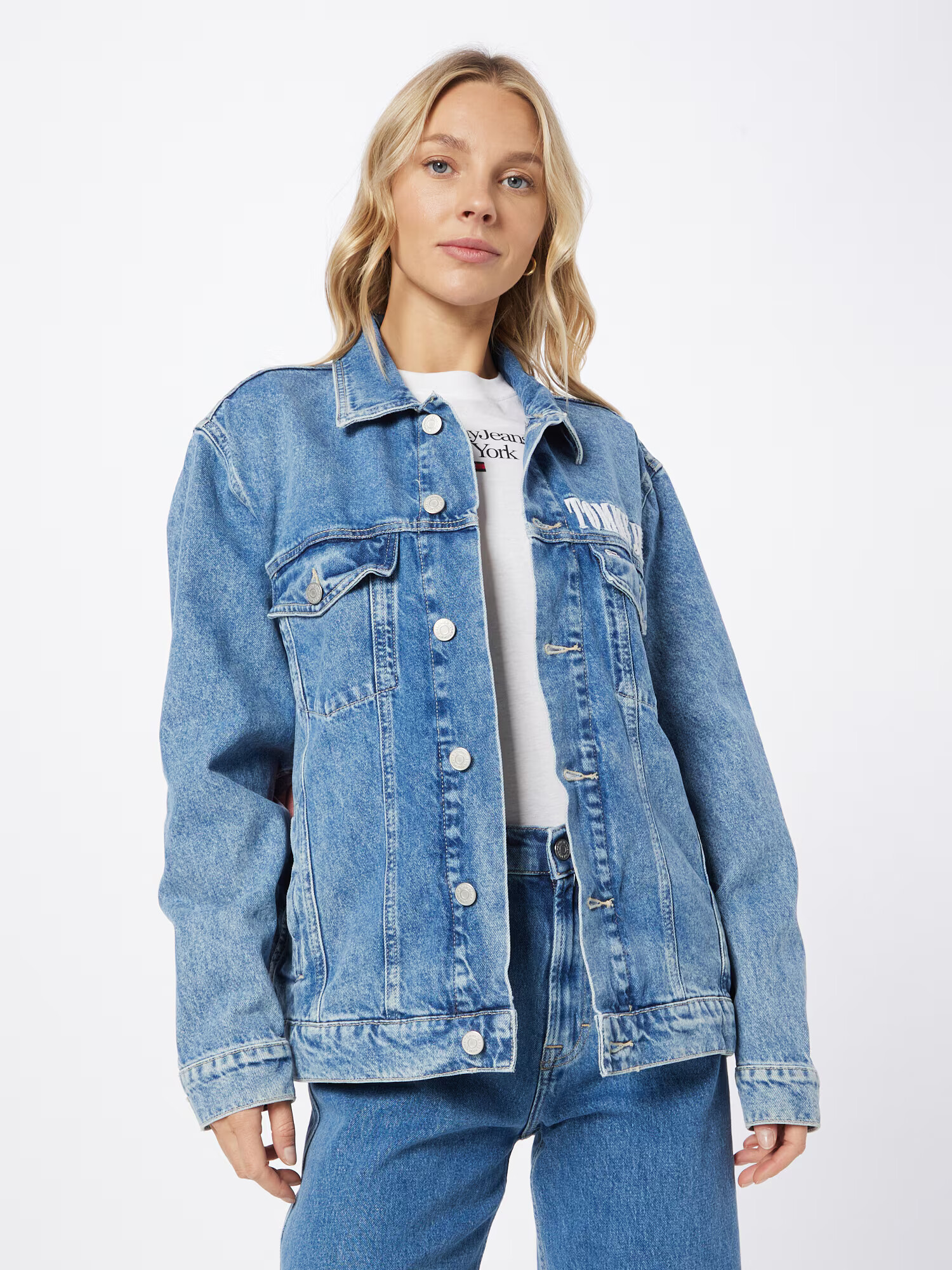 Tommy Jeans Geacă de primăvară-toamnă albastru denim / roșu pepene / alb - Pled.ro