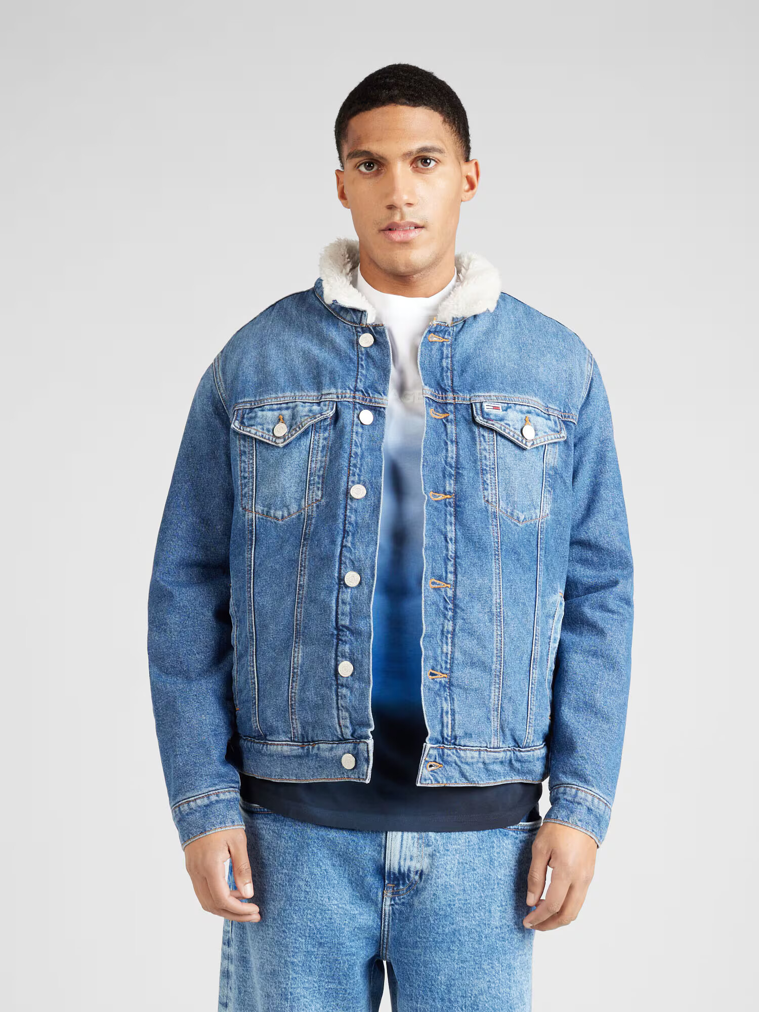 Tommy Jeans Geacă de primăvară-toamnă albastru denim / roșu pepene / alb - Pled.ro