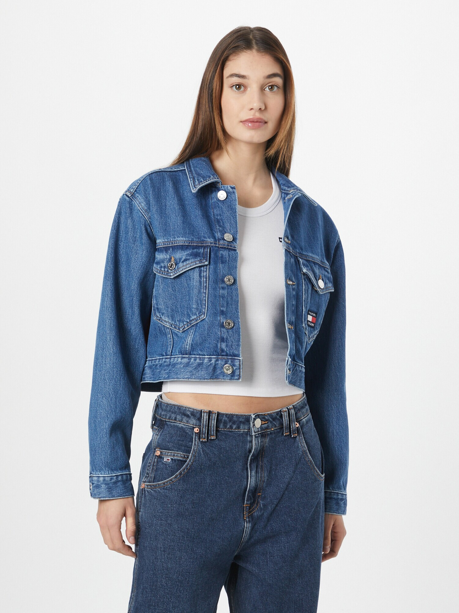 Tommy Jeans Geacă de primăvară-toamnă 'Claire' bleumarin / albastru denim / roșu / alb - Pled.ro